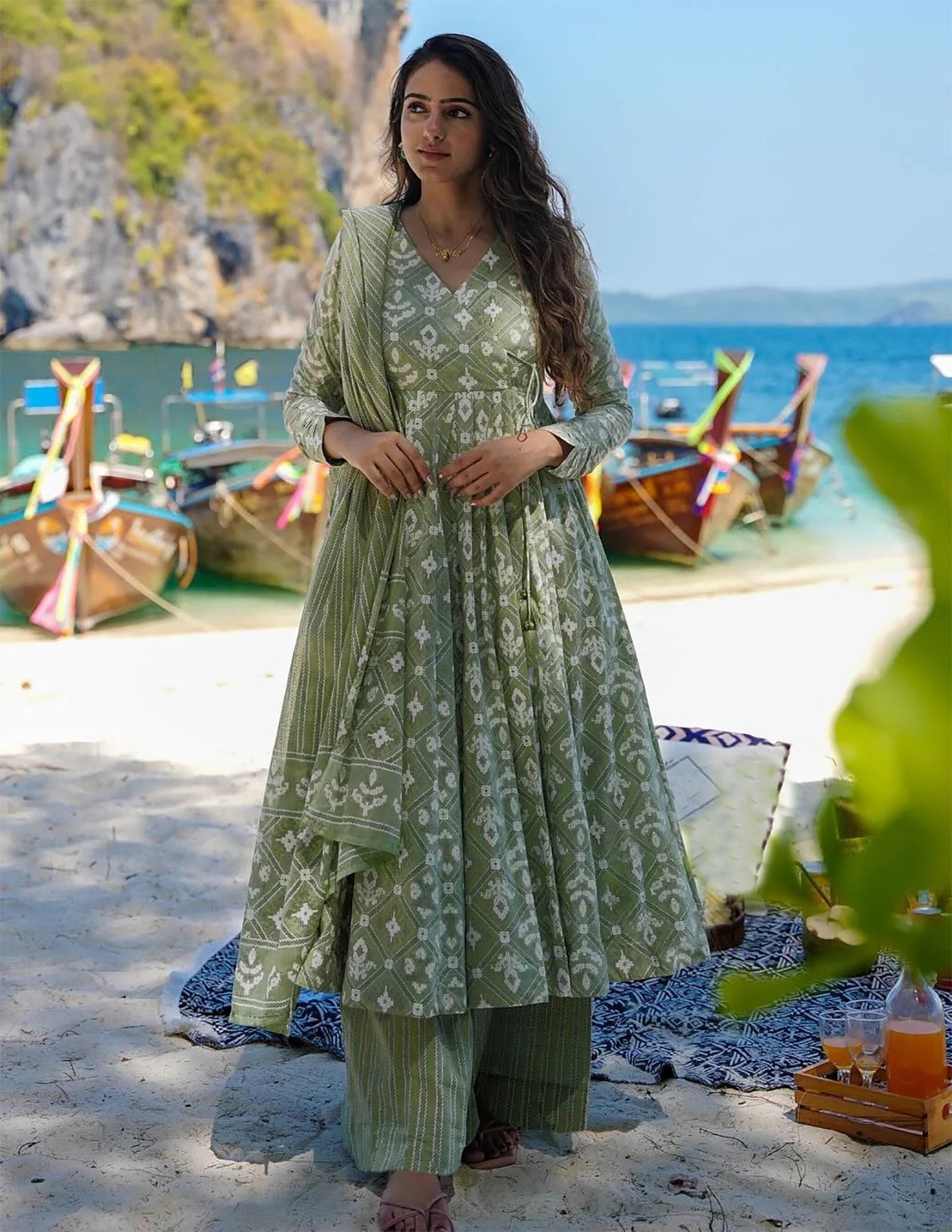 Sage Green Hand-Block Print Rayon Slub Anarkali Set