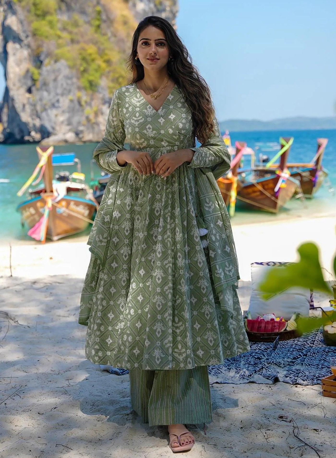 Sage Green Hand-Block Print Rayon Slub Anarkali Set