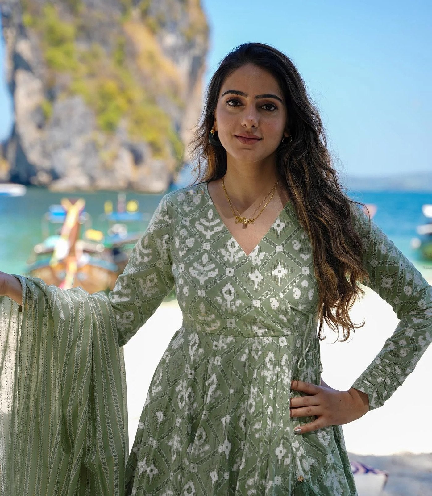Sage Green Hand-Block Print Rayon Slub Anarkali Set