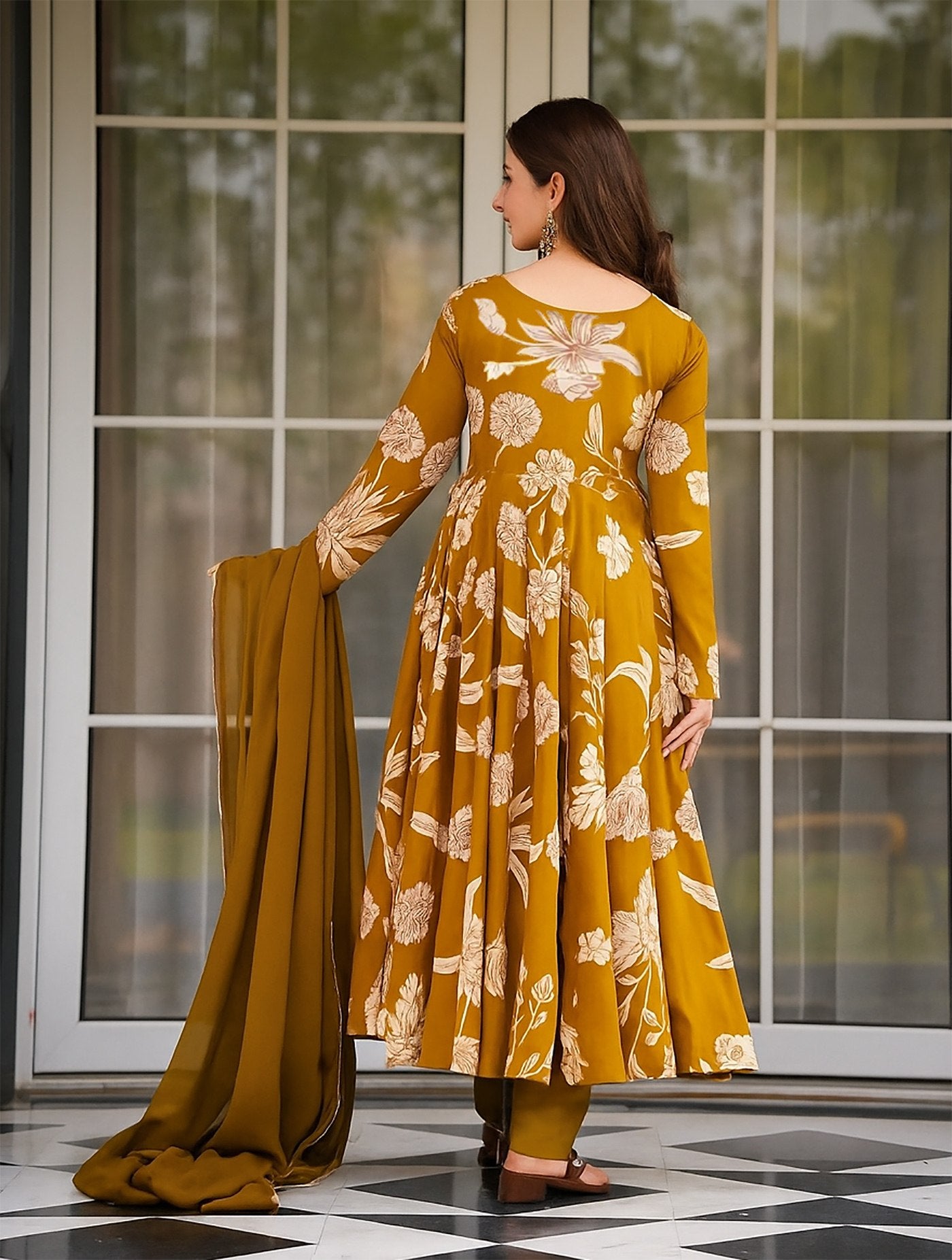 Mustard Floral A-line Kurta Set.