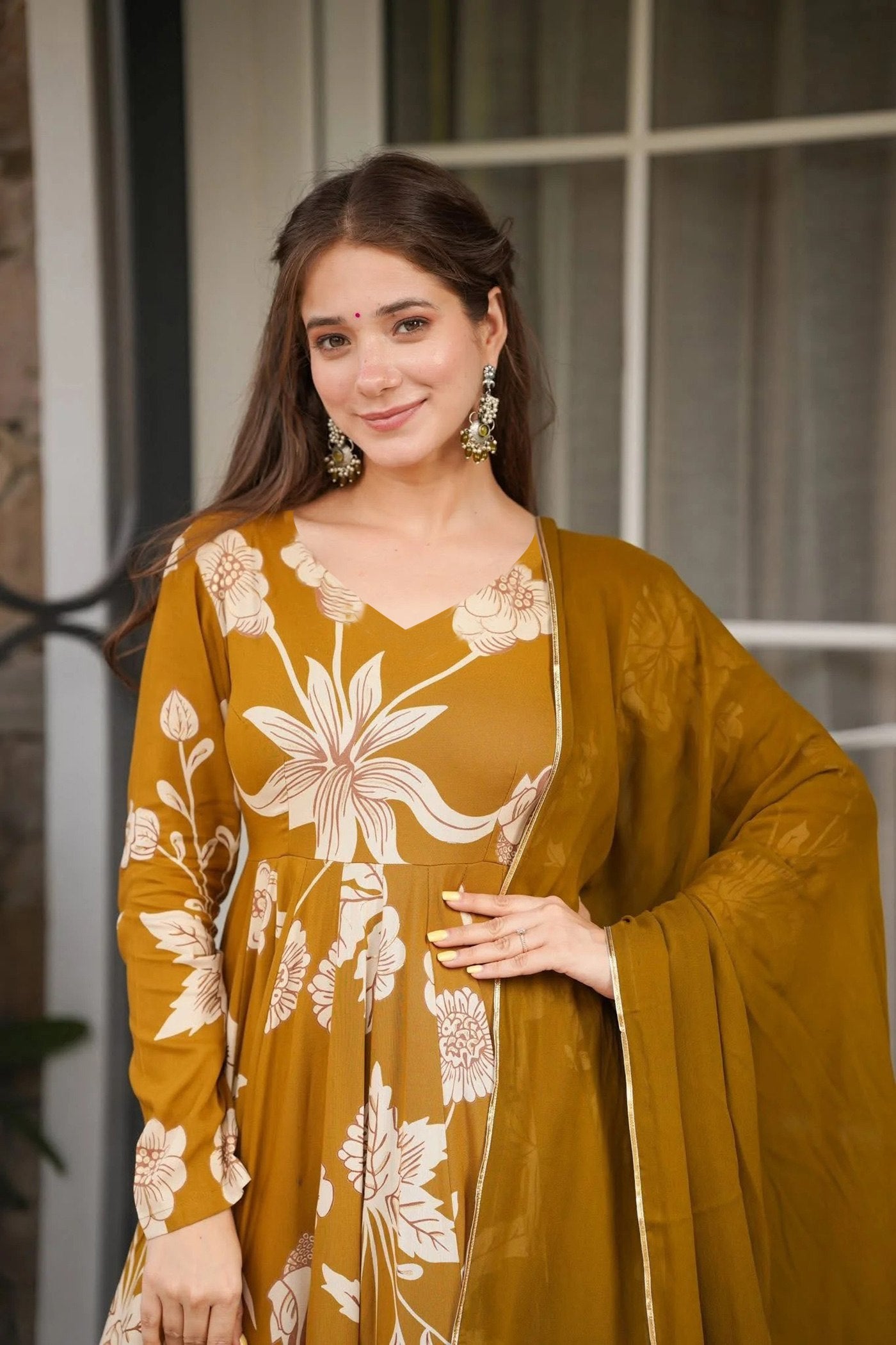 Mustard Floral A-line Kurta Set.