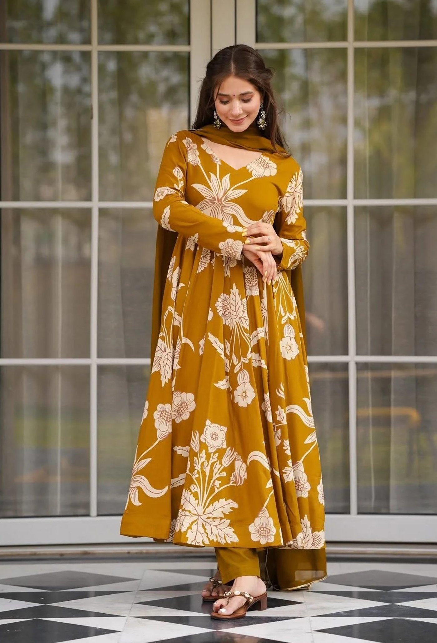 Mustard Floral A-line Kurta Set.