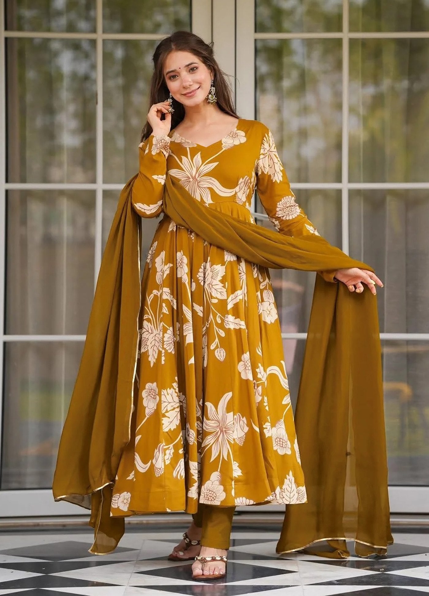Mustard Floral A-line Kurta Set.