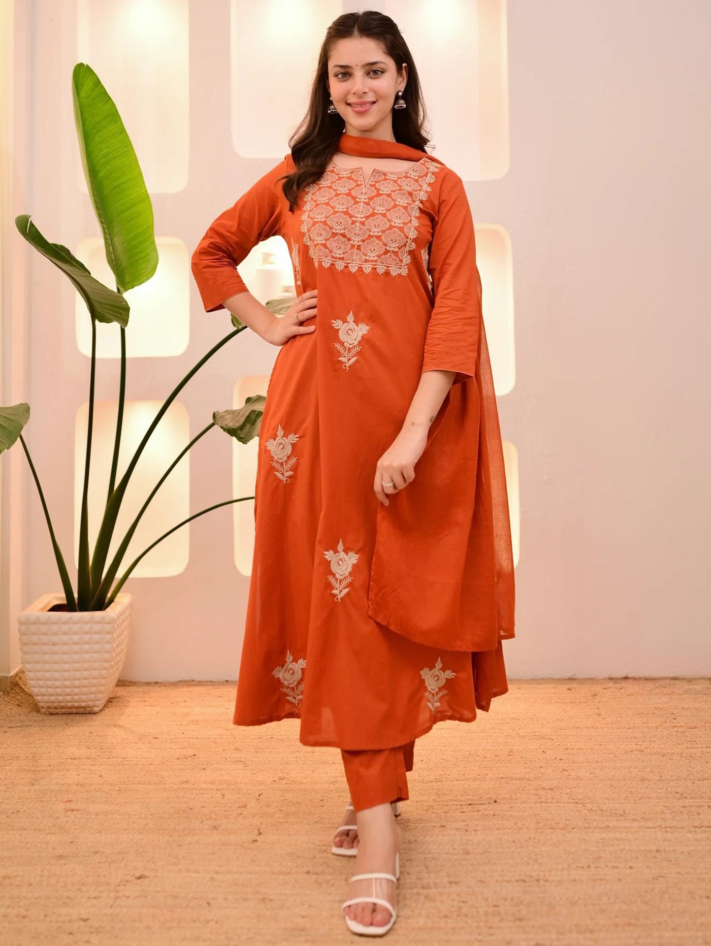 Radiant Rust Cotton Blend Floral Yoke Embroidery with Art Silk Dupatta