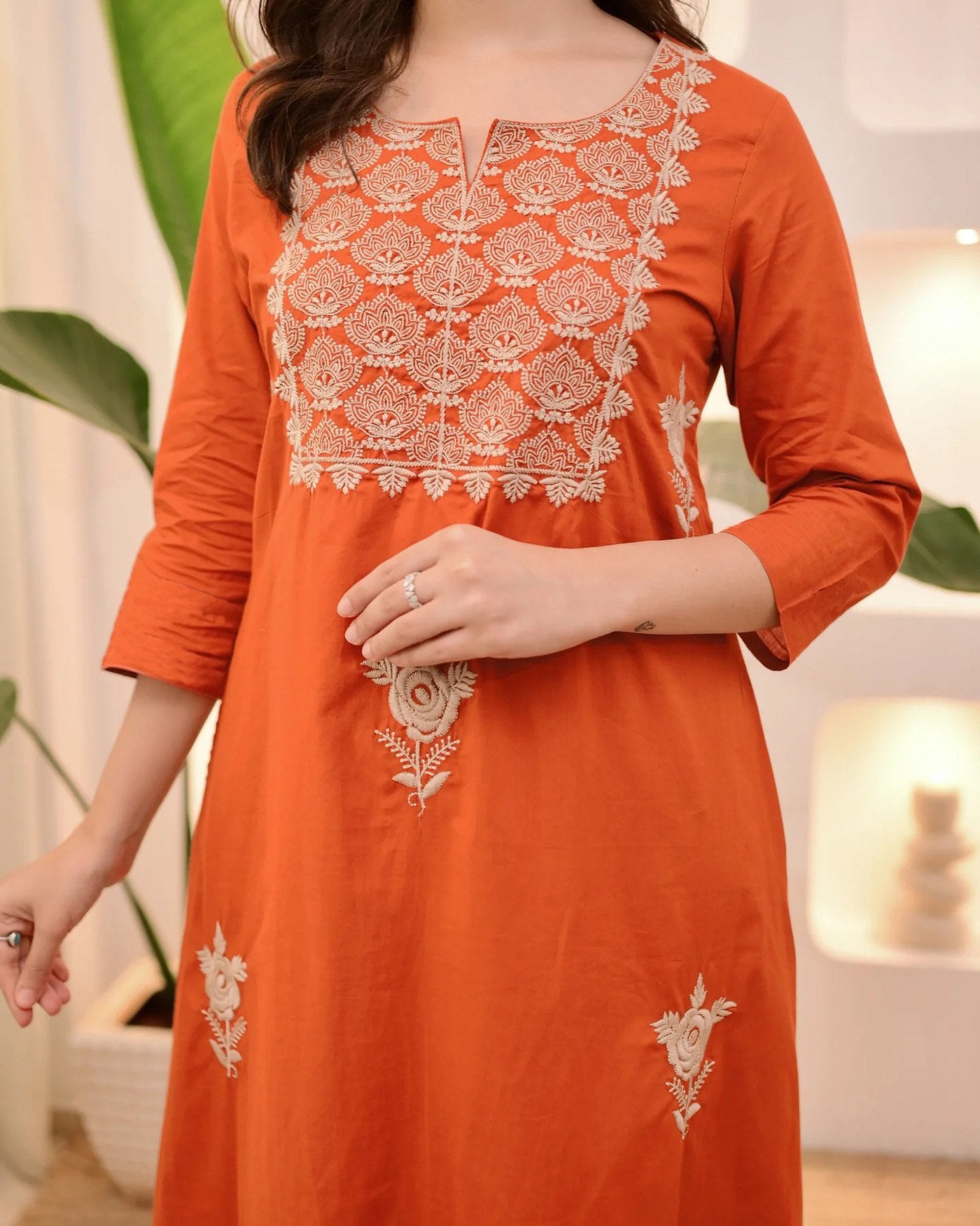 Radiant Rust Cotton Blend Floral Yoke Embroidery with Art Silk Dupatta