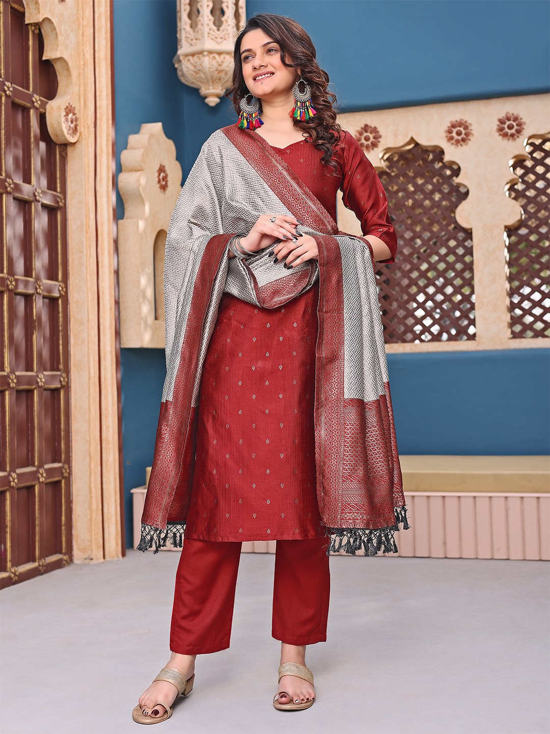 Regal Maroon Jacquard Silk Woven Self-Design Kurta Set