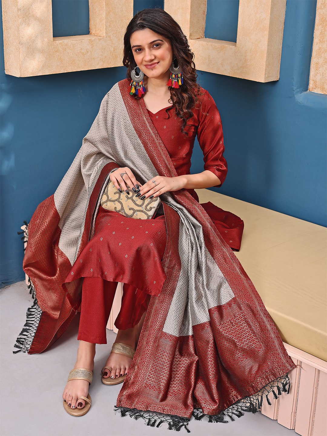 Regal Maroon Jacquard Silk Woven Self-Design Kurta Set