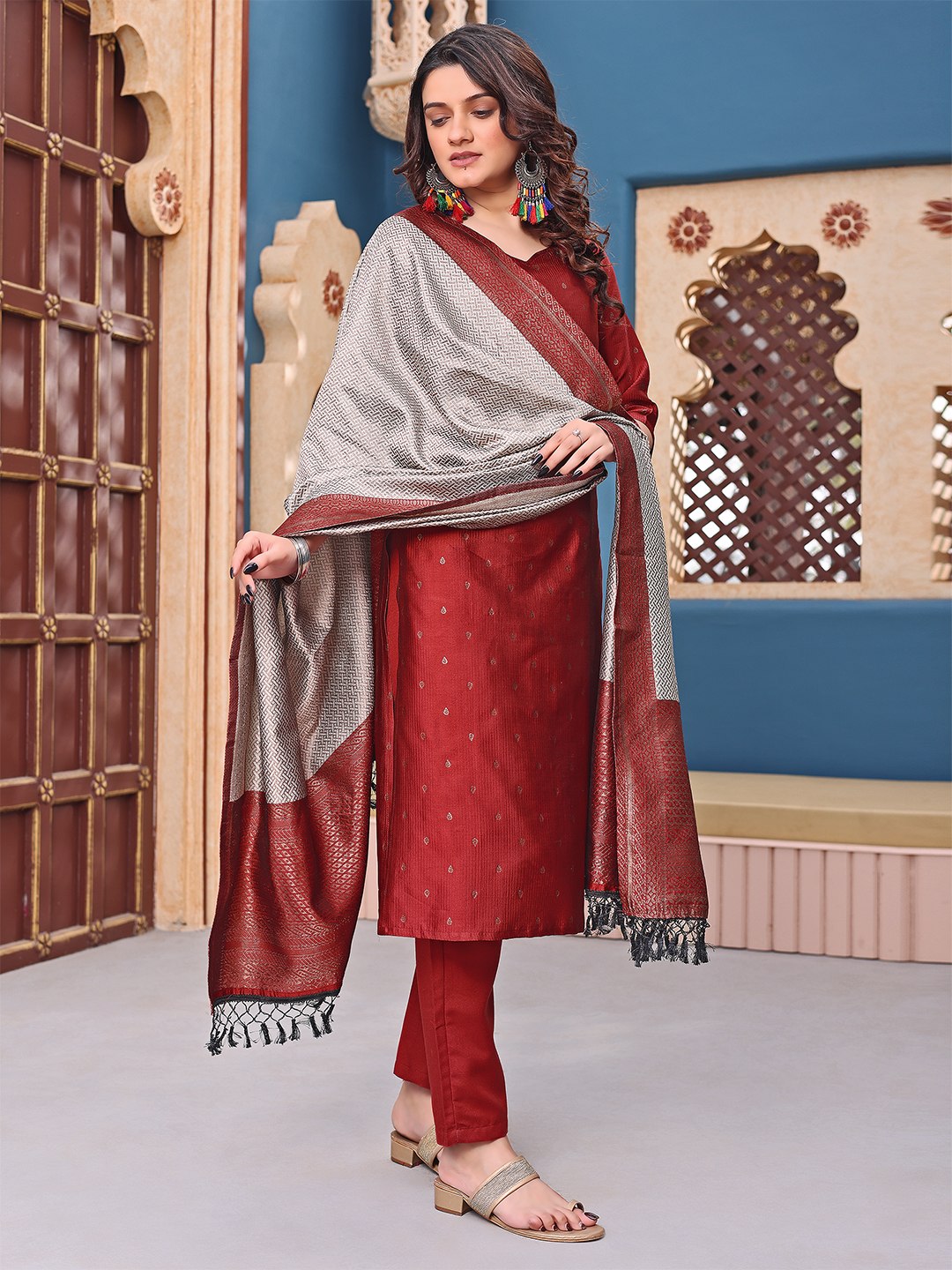 Regal Maroon Jacquard Silk Woven Self-Design Kurta Set