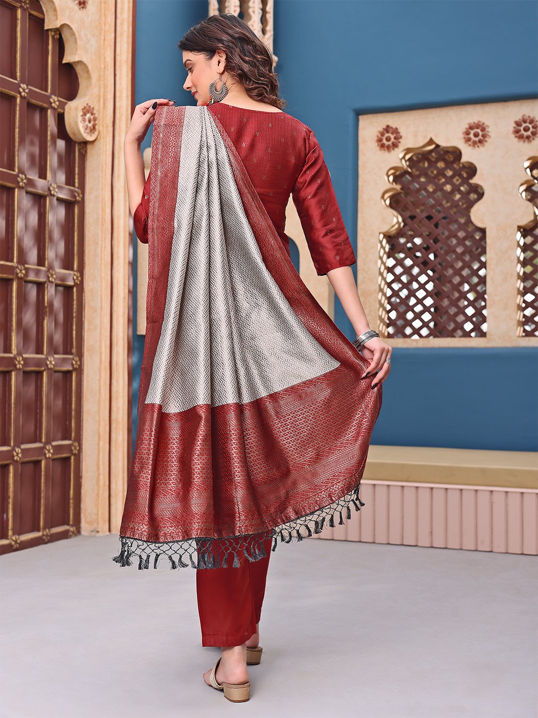 Regal Maroon Jacquard Silk Woven Self-Design Kurta Set