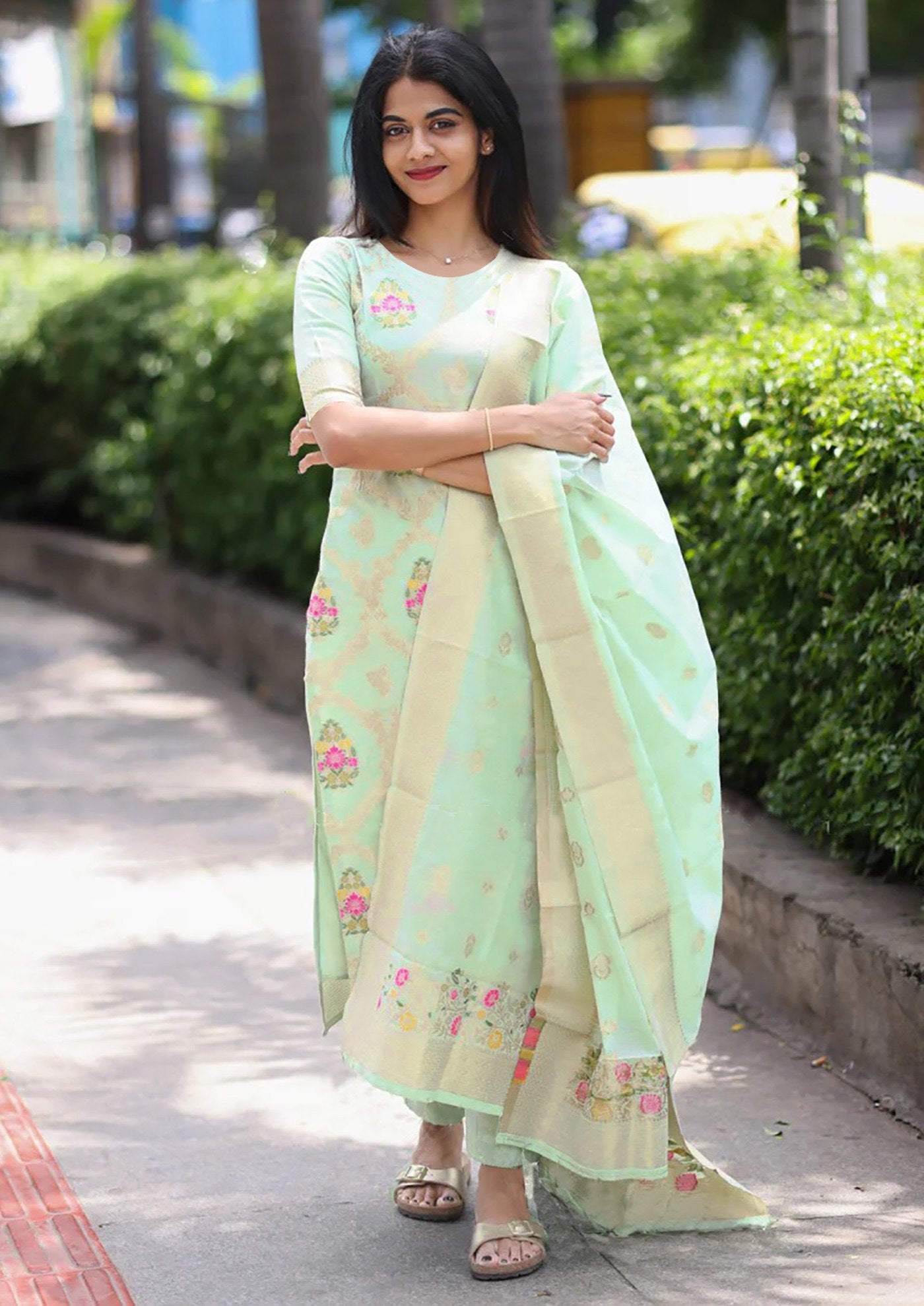 Mint Green Art Silk Banarasi Style Kurta Set