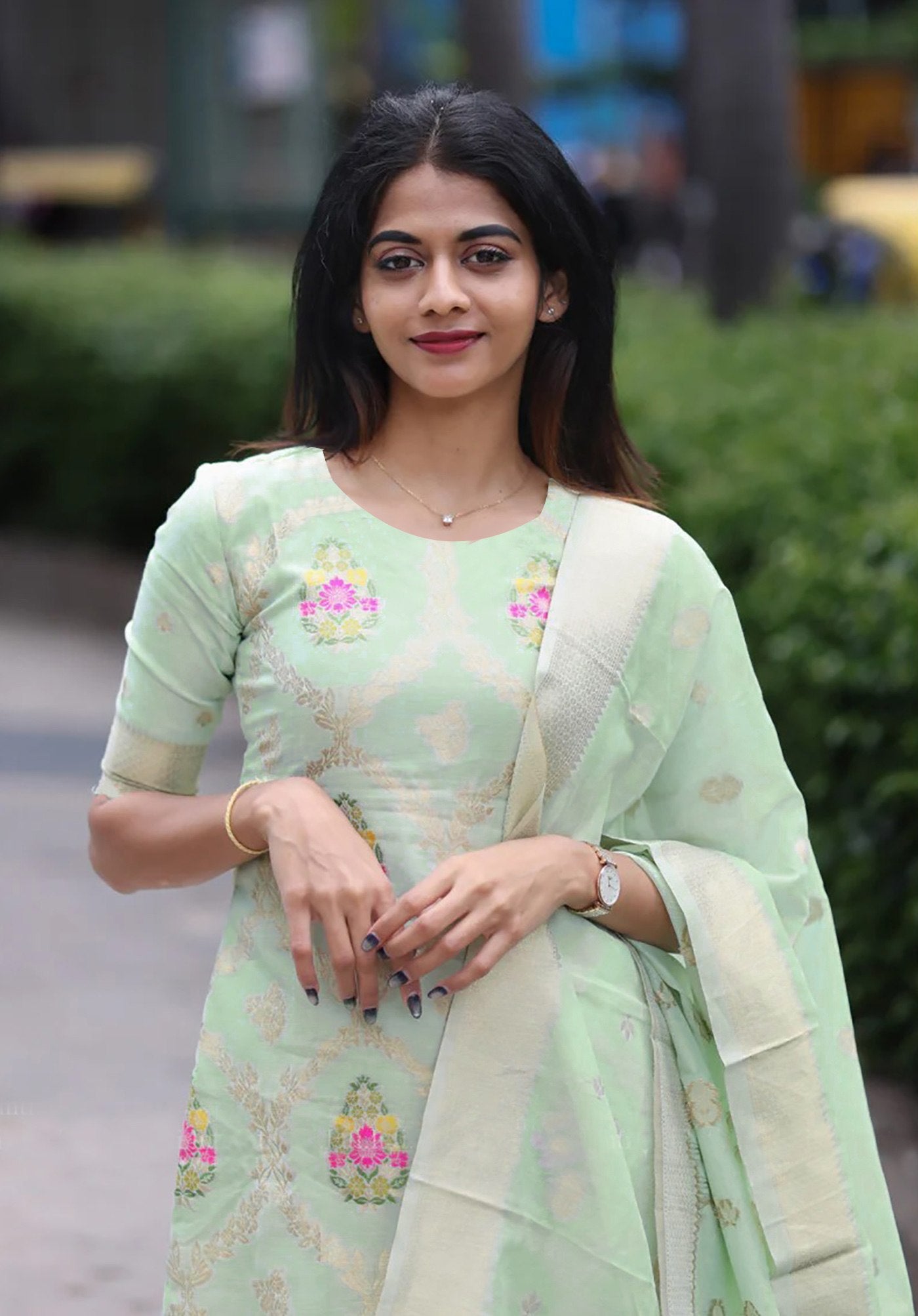 Mint Green Art Silk Banarasi Style Kurta Set