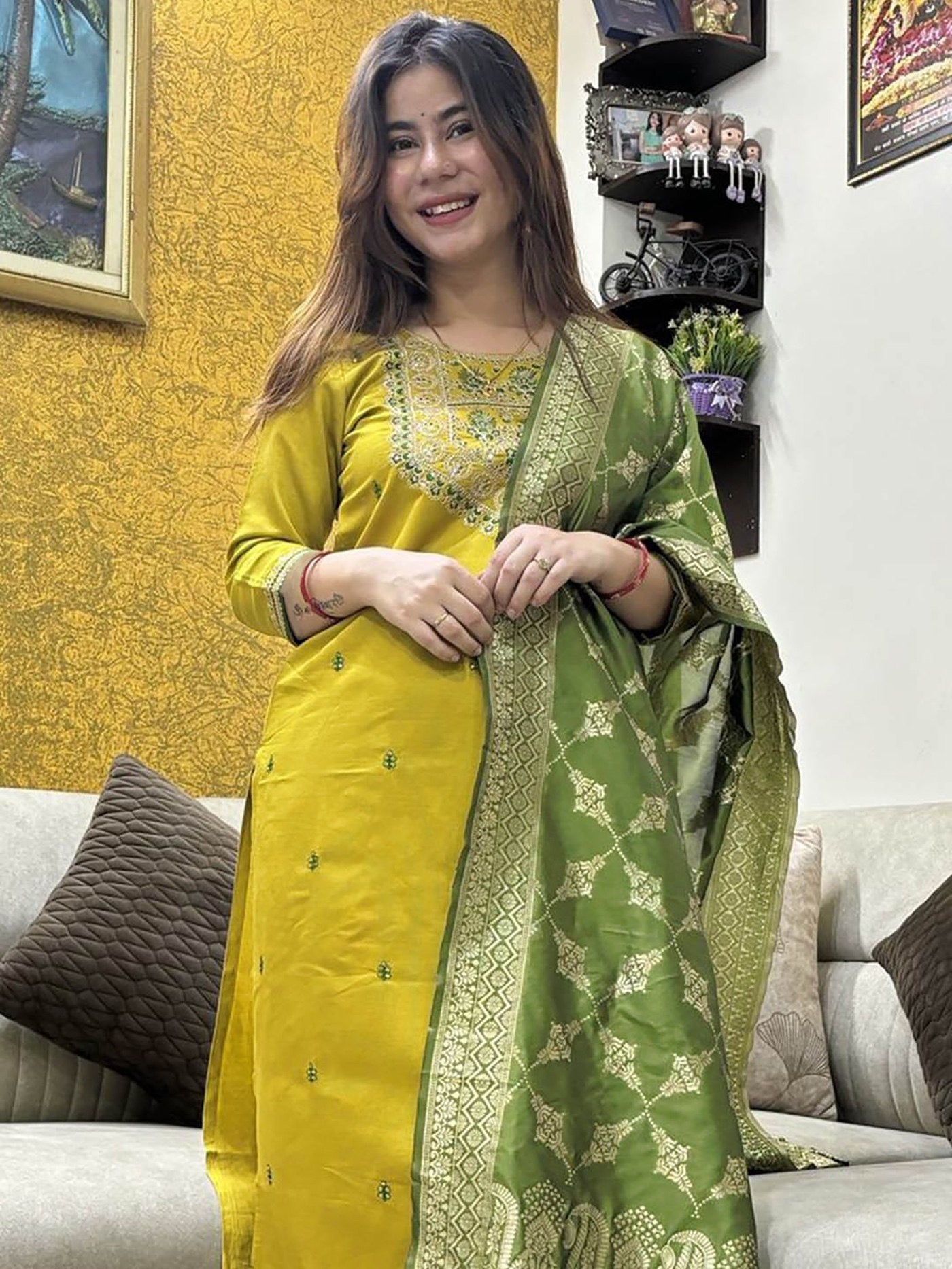 Women's Mustard Yellow Embroidered Cotton Blend Kurta Set