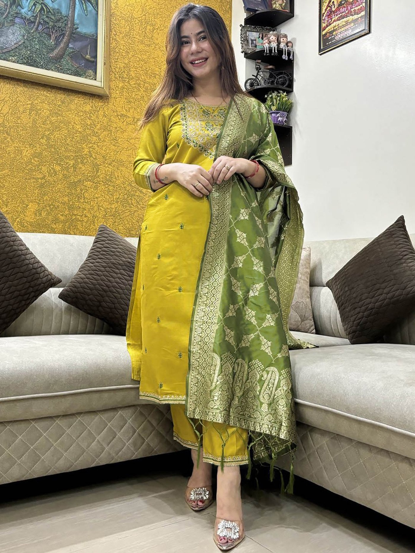 Women's Mustard Yellow Embroidered Cotton Blend Kurta Set