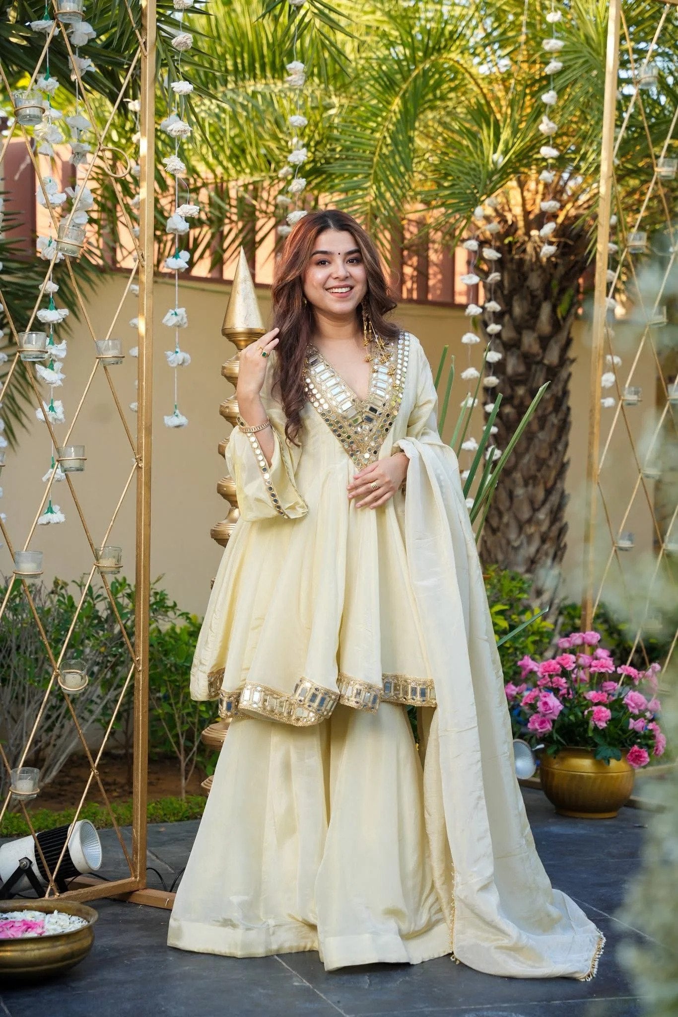Elegant Off-White French Crepe Sharara Set with Heavy Mirror Work
