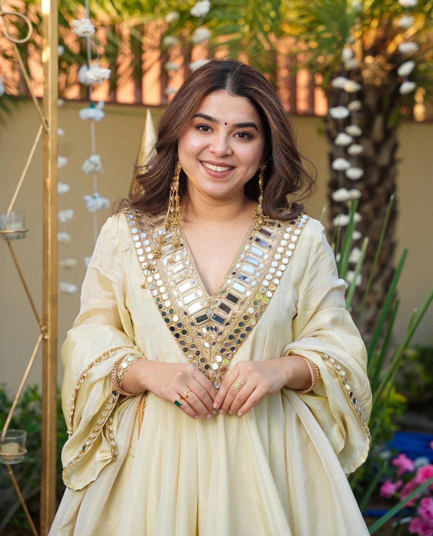 Elegant Off-White French Crepe Sharara Set with Heavy Mirror Work