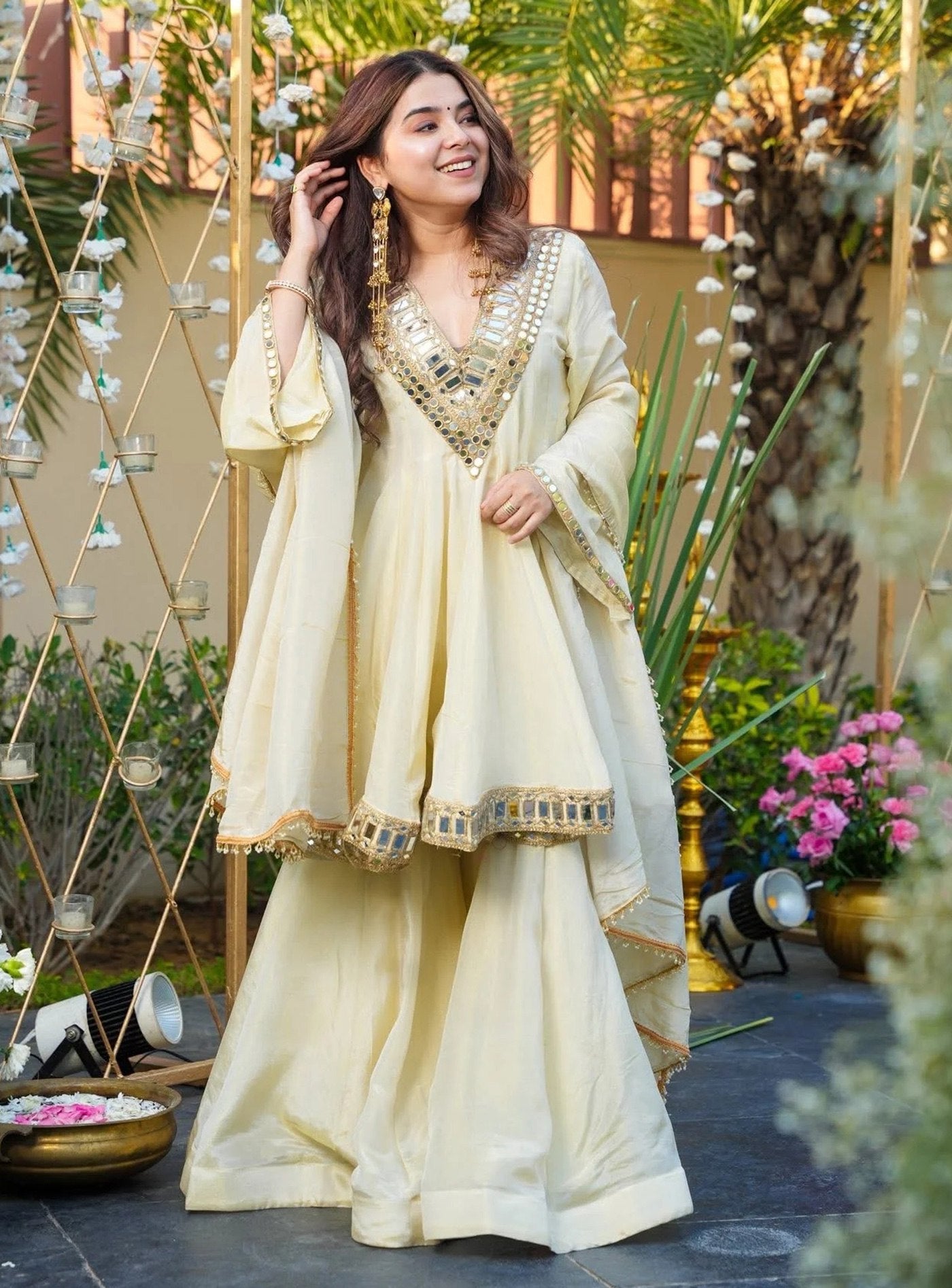 Elegant Off-White French Crepe Sharara Set with Heavy Mirror Work