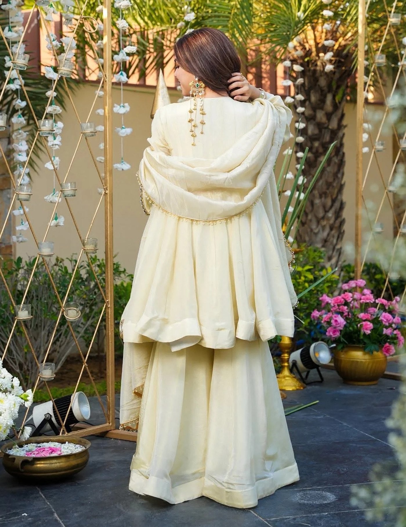 Elegant Off-White French Crepe Sharara Set with Heavy Mirror Work