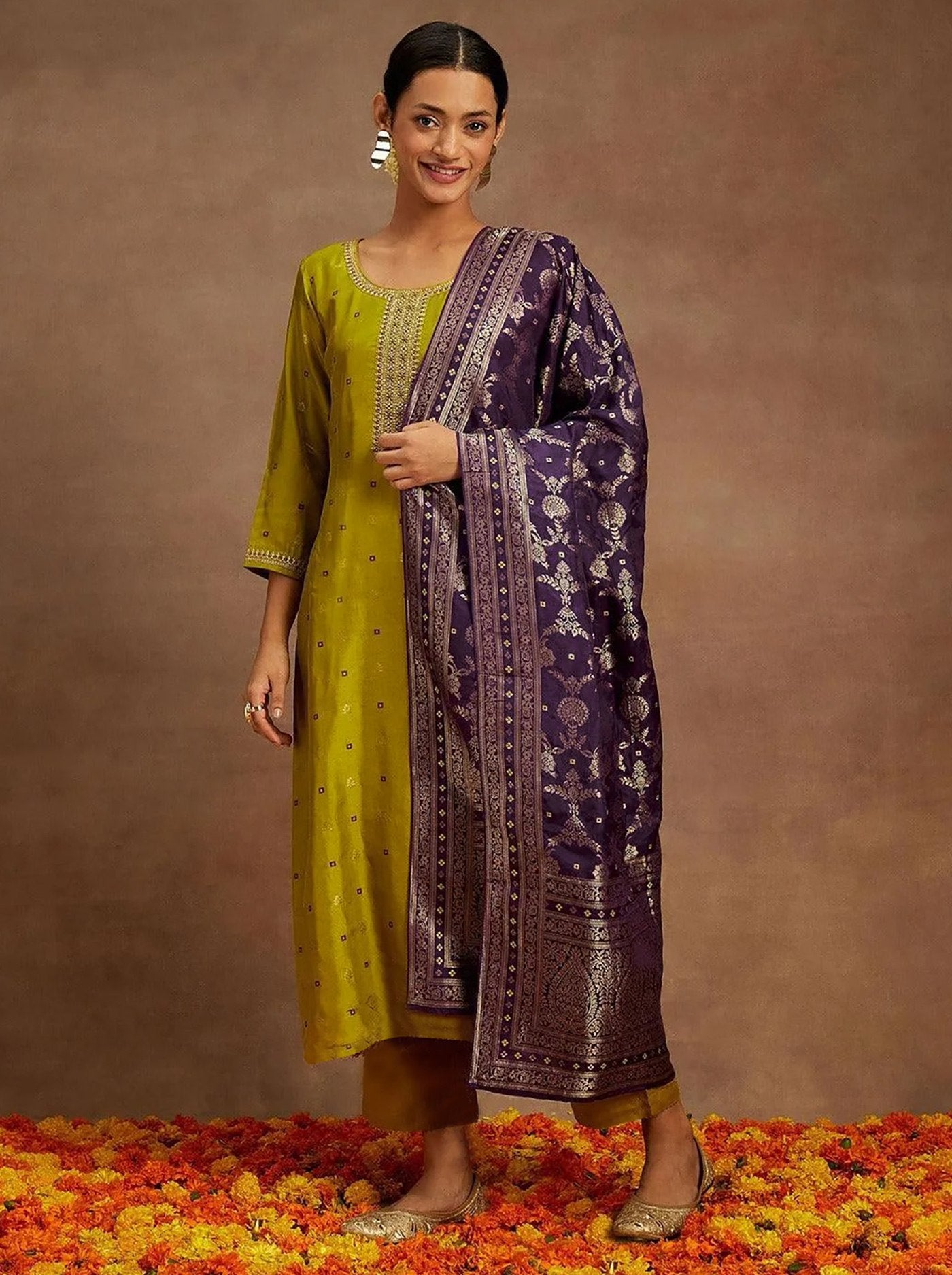 Royal Mustrad & Purple Art Silk Banarasi Style Kurta Set