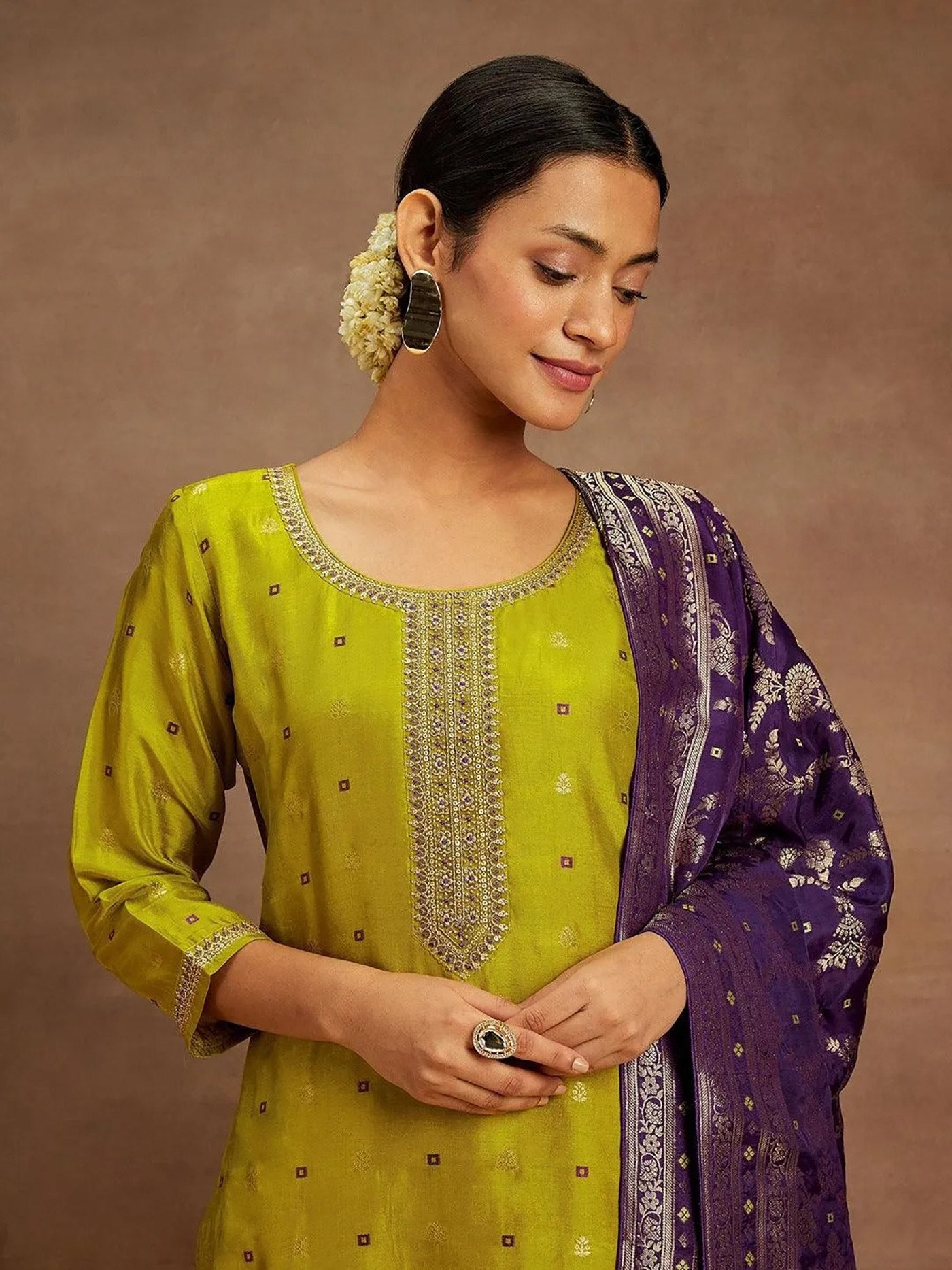 Royal Mustrad & Purple Art Silk Banarasi Style Kurta Set