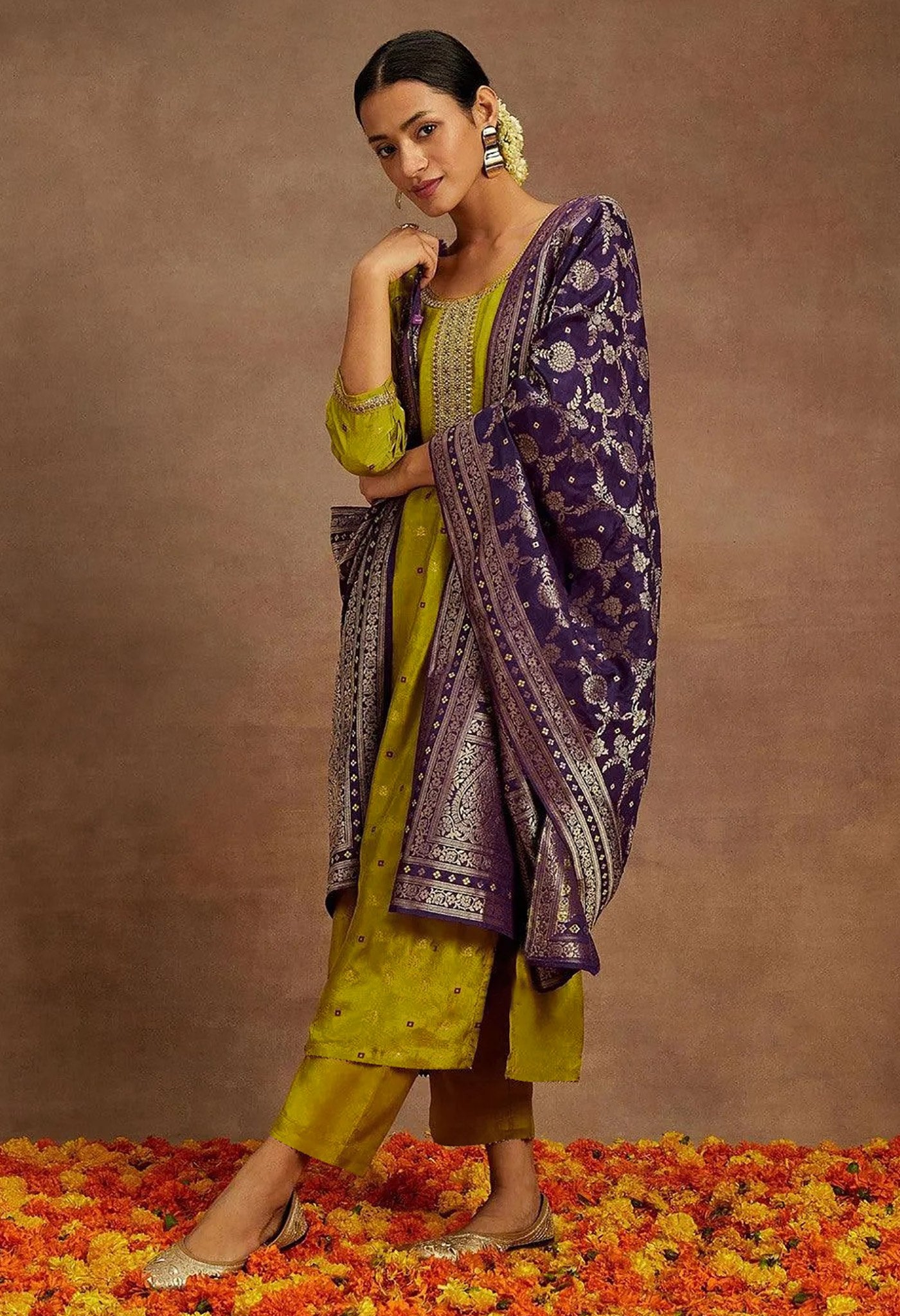 Royal Mustrad & Purple Art Silk Banarasi Style Kurta Set