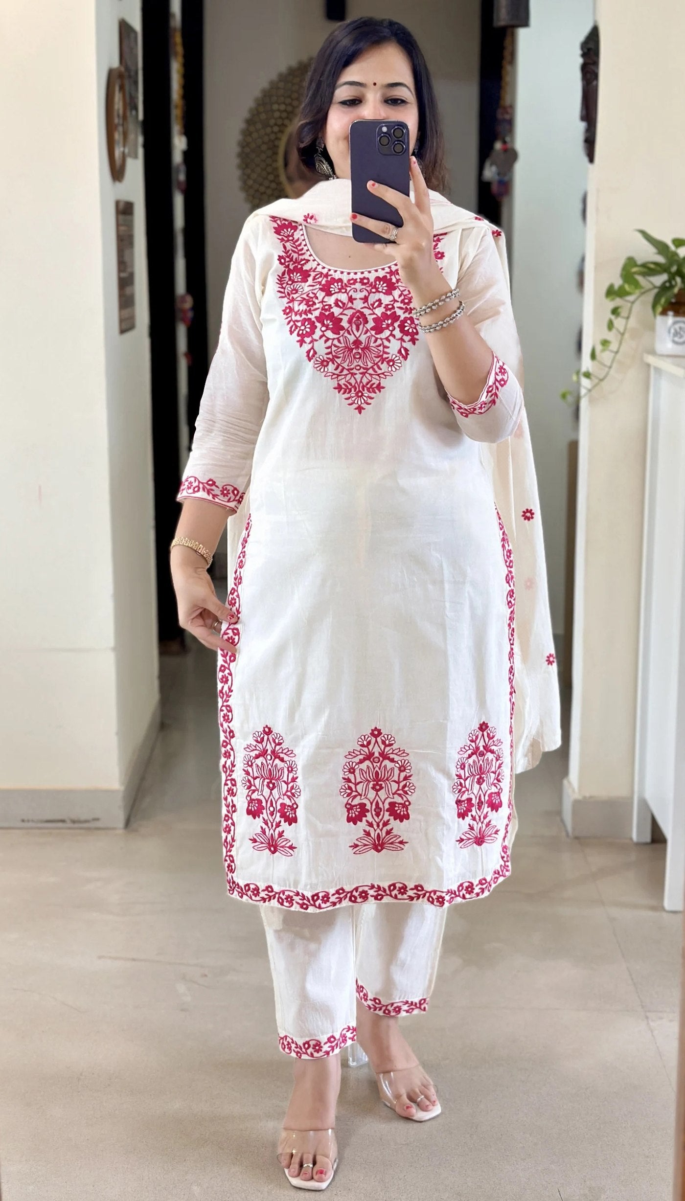 Ivory Blossom Embroidered Cotton Blend Kurta Set with Vichitra Dupatta