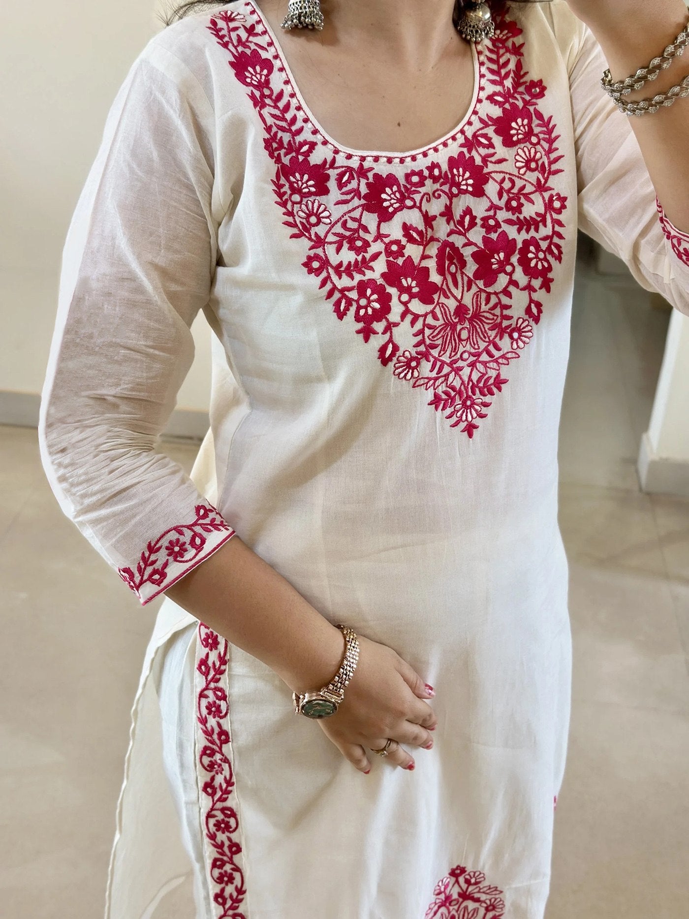 Ivory Blossom Embroidered Cotton Blend Kurta Set with Vichitra Dupatta