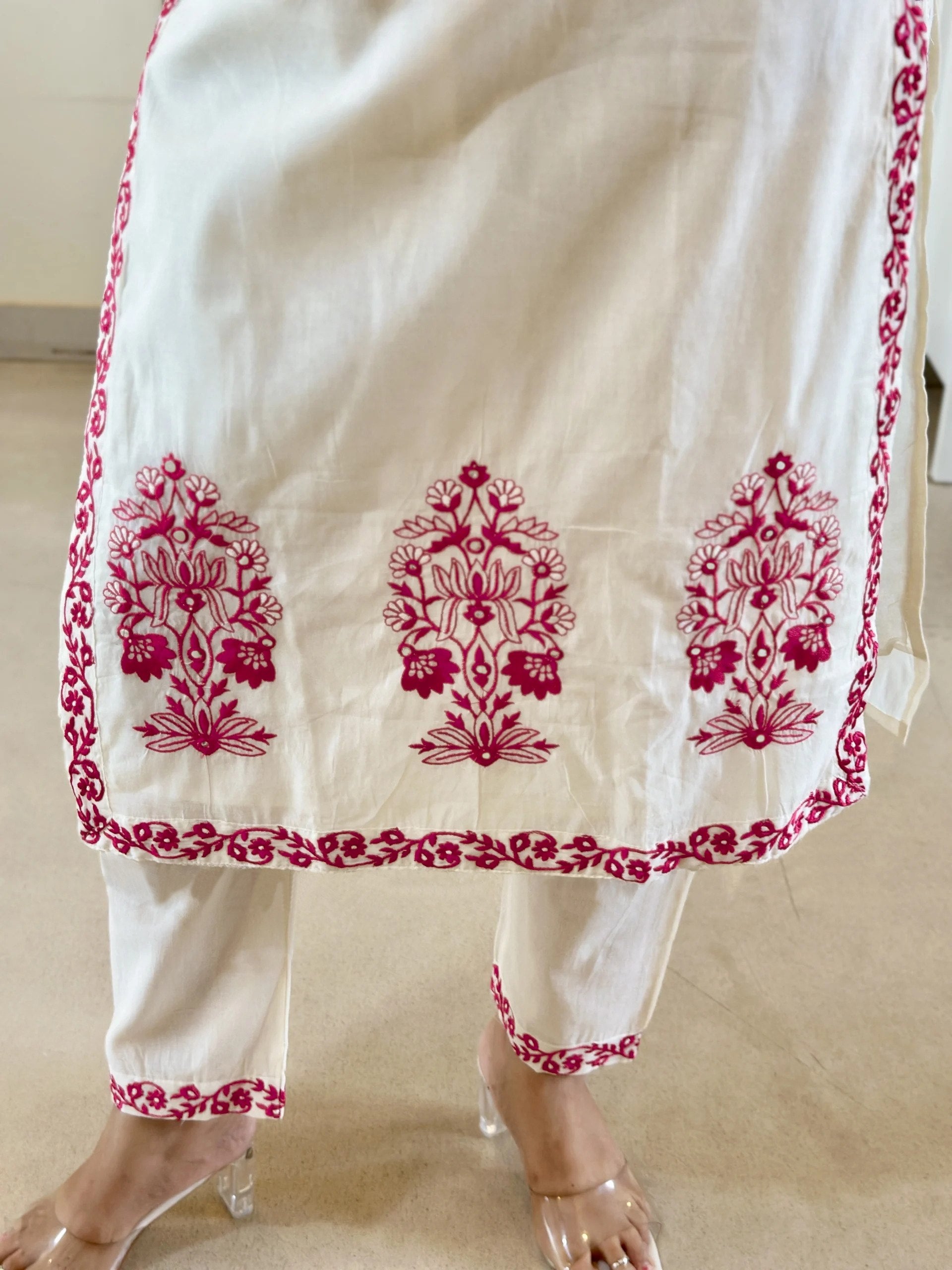Ivory Blossom Embroidered Cotton Blend Kurta Set with Vichitra Dupatta