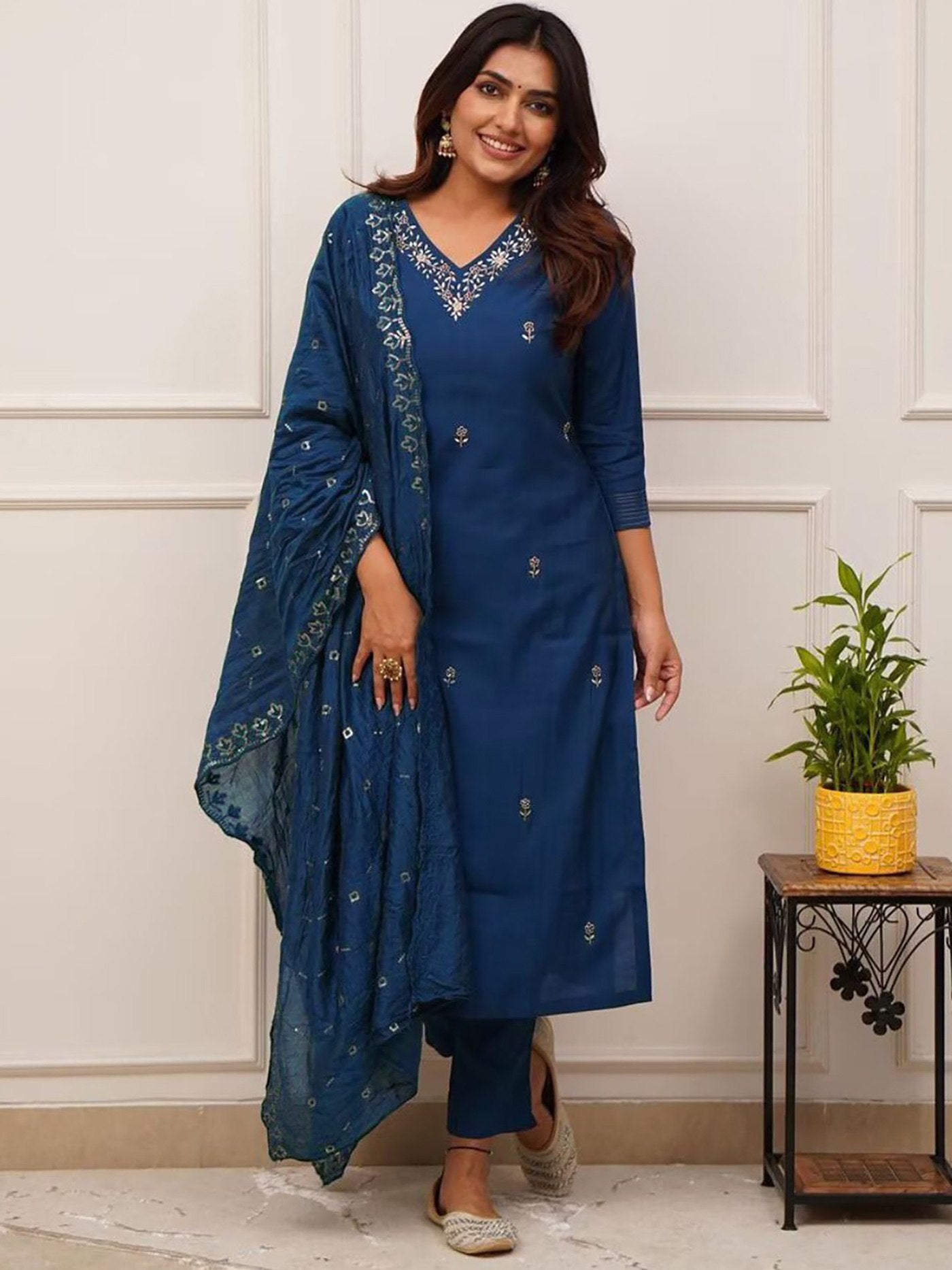 Midnight Blue Cotton Blend Embroidered Kurta Set with Vichitra Silk Dupatta