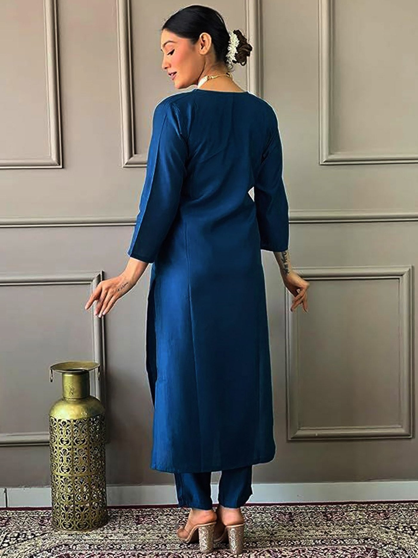 Midnight Blue Cotton Blend Embroidered Kurta Set with Vichitra Silk Dupatta