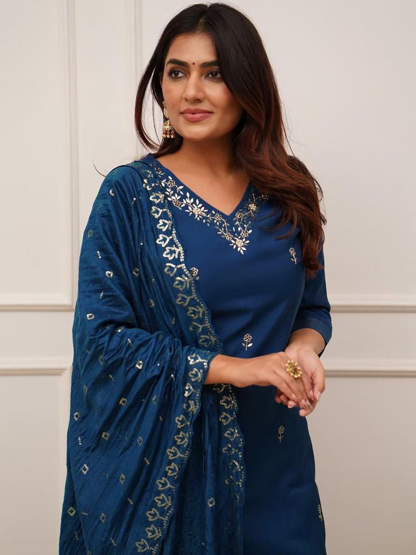 Midnight Blue Cotton Blend Embroidered Kurta Set with Vichitra Silk Dupatta