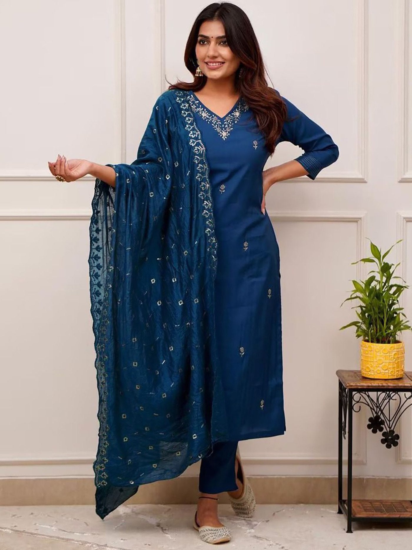 Midnight Blue Cotton Blend Embroidered Kurta Set with Vichitra Silk Dupatta
