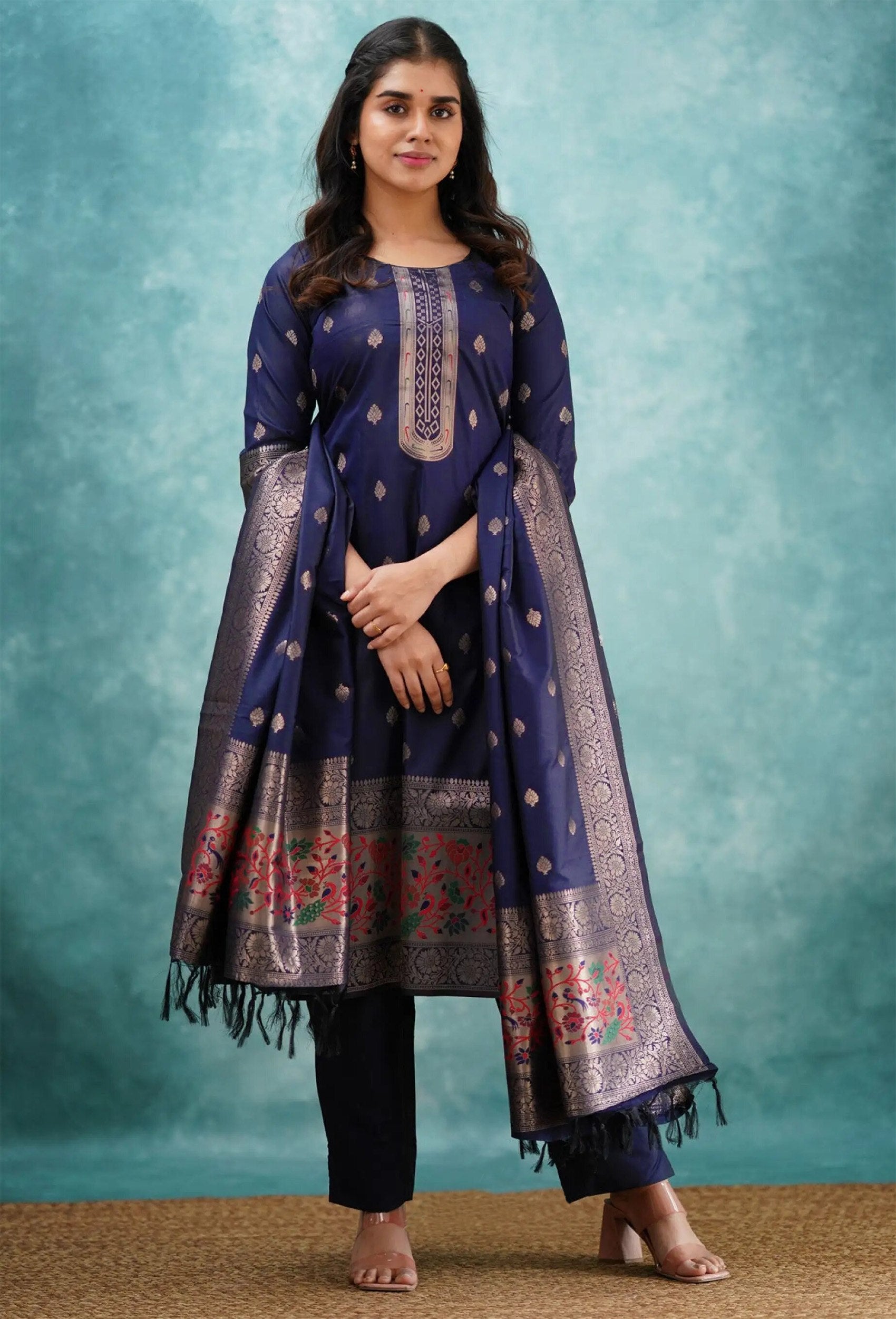 Traditional Navy Blue Art Silk Salwar Kameez with Woven Dupatta