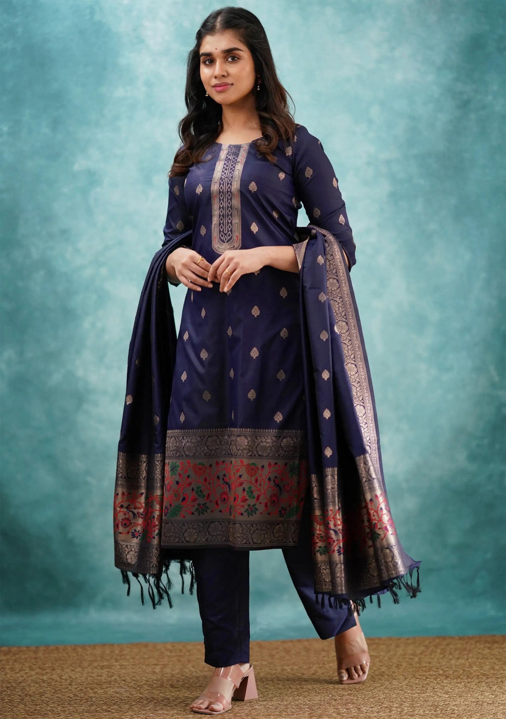 Traditional Navy Blue Art Silk Salwar Kameez with Woven Dupatta