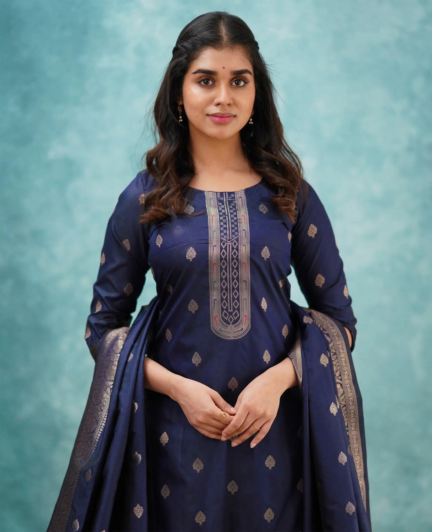 Traditional Navy Blue Art Silk Salwar Kameez with Woven Dupatta