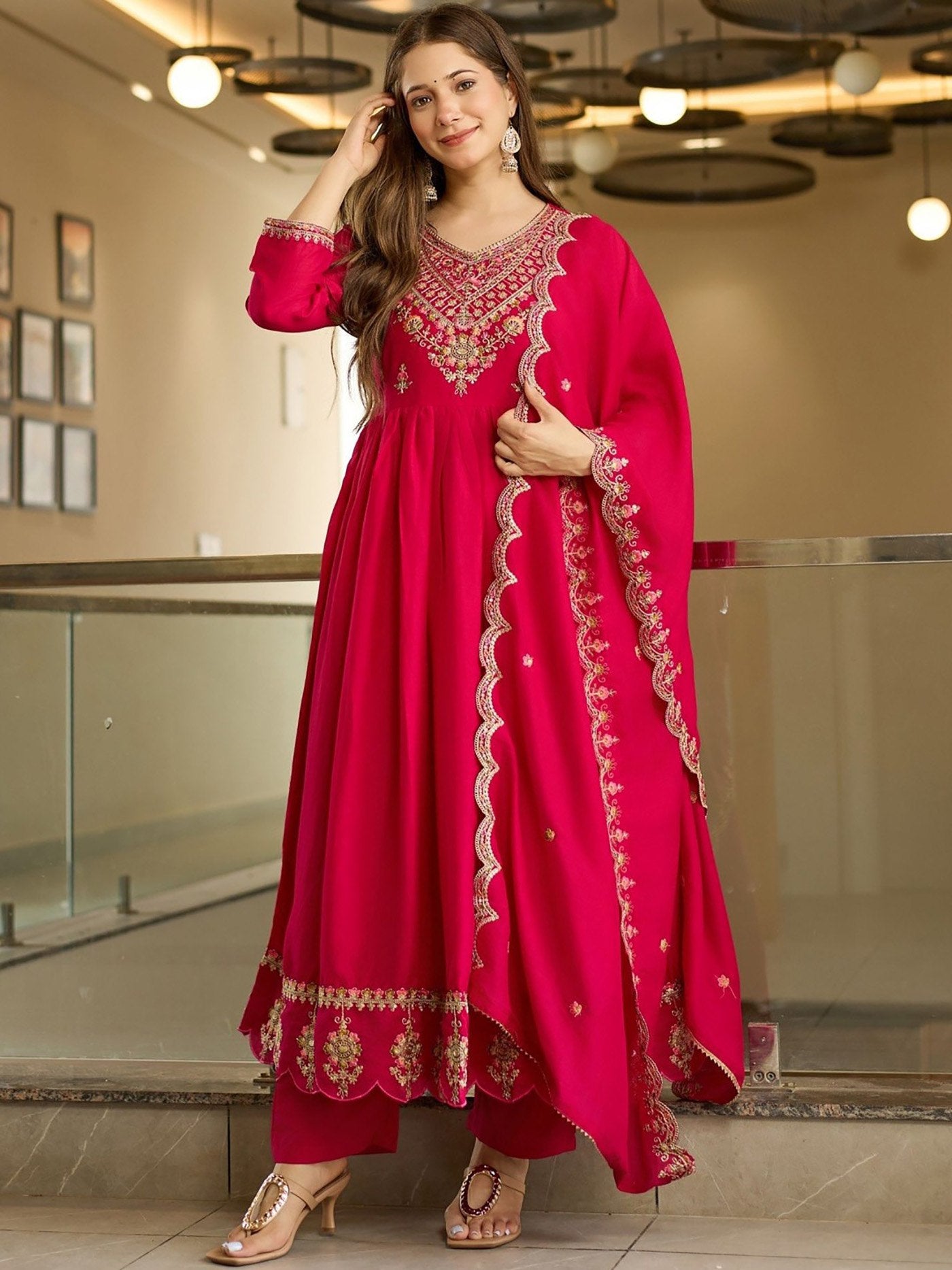 Hot Pink Vichitra Silk Flared Kurta Set with Heavy Embroidered Yoke