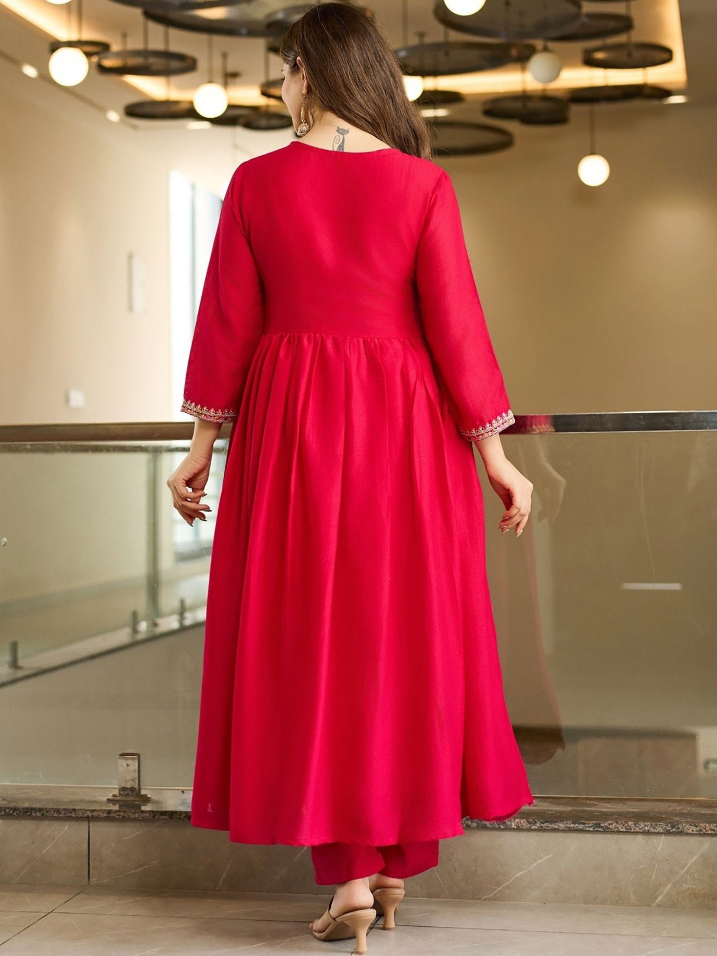 Hot Pink Vichitra Silk Flared Kurta Set with Heavy Embroidered Yoke