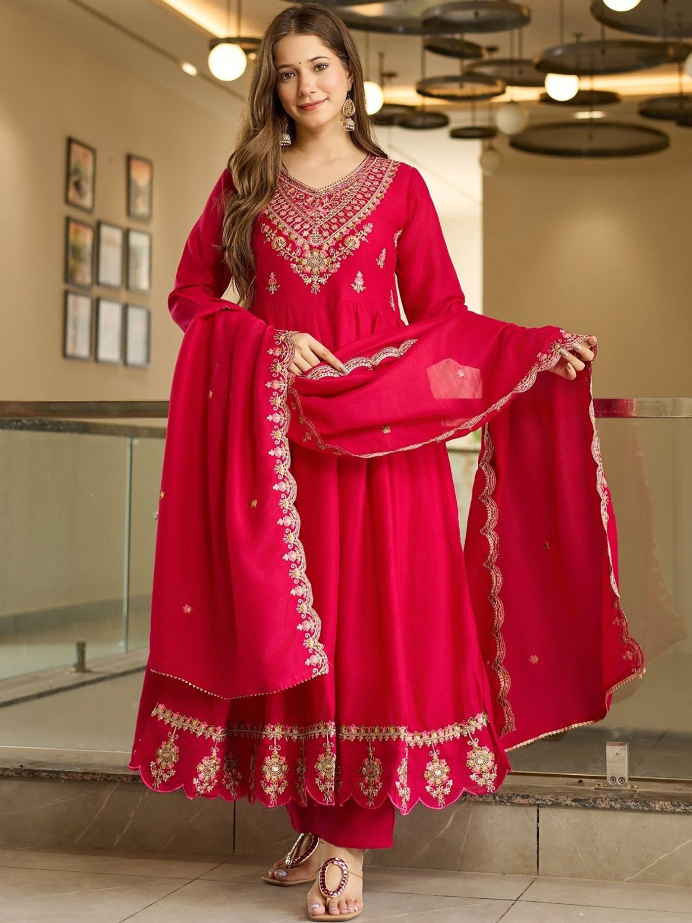 Hot Pink Vichitra Silk Flared Kurta Set with Heavy Embroidered Yoke