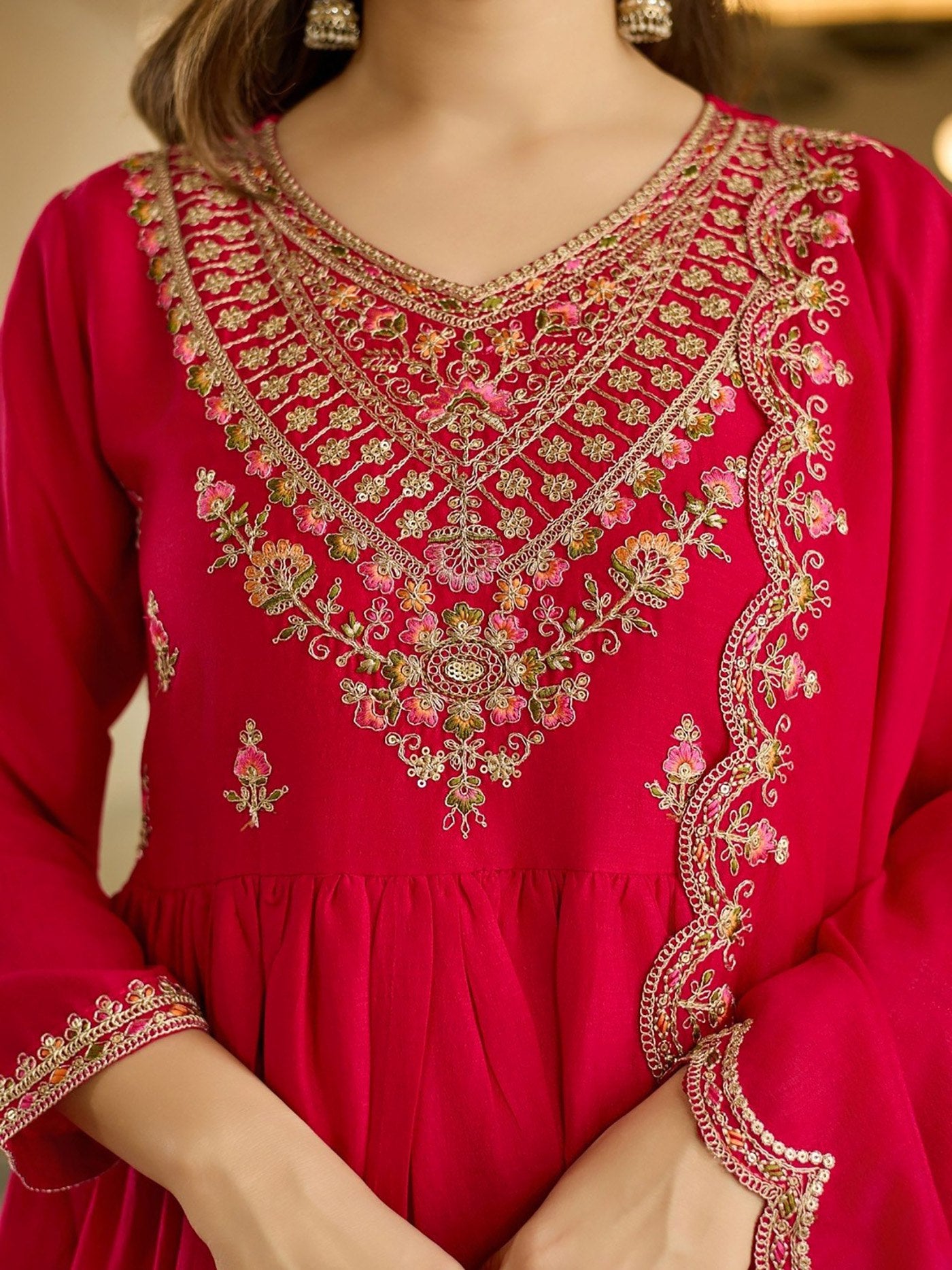 Hot Pink Vichitra Silk Flared Kurta Set with Heavy Embroidered Yoke