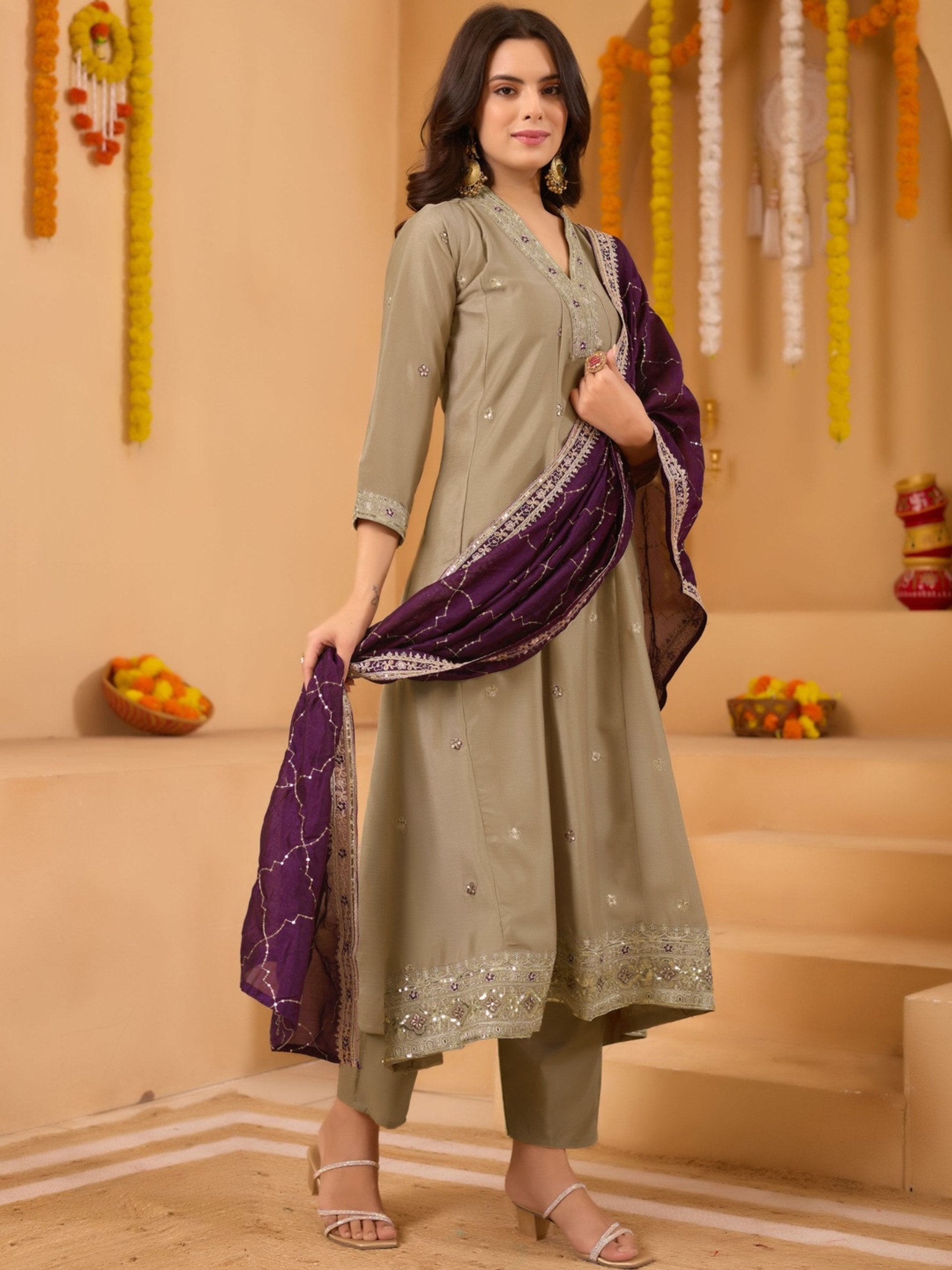 Festive Wear Vichitra Silk A-Line Kurta Set with Contrast Plum
