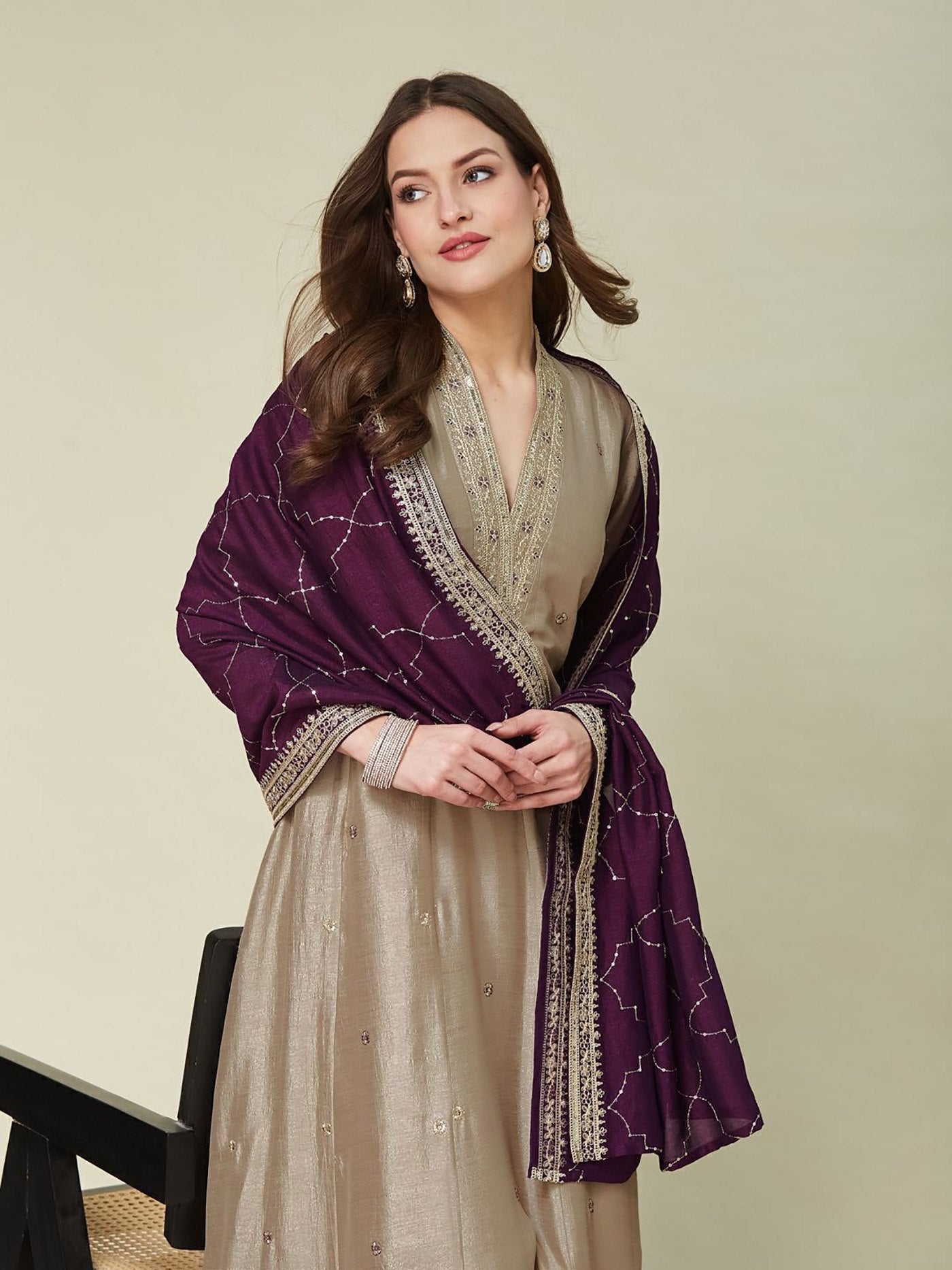 Festive Wear Vichitra Silk A-Line Kurta Set with Contrast Plum