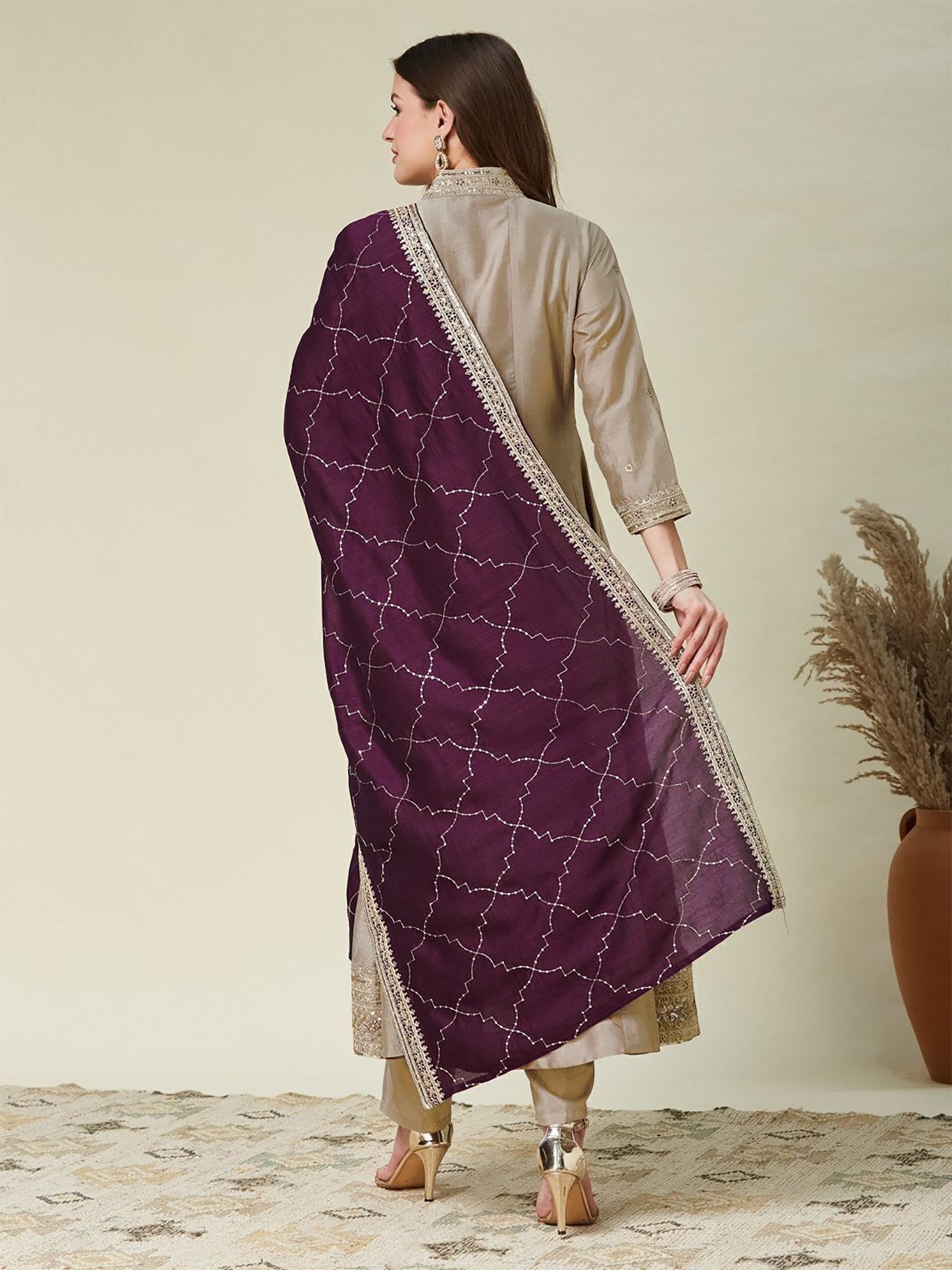 Festive Wear Vichitra Silk A-Line Kurta Set with Contrast Plum