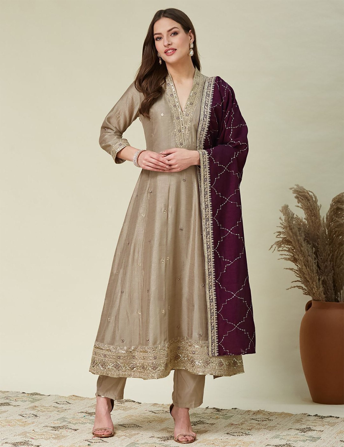 Festive Wear Vichitra Silk A-Line Kurta Set with Contrast Plum