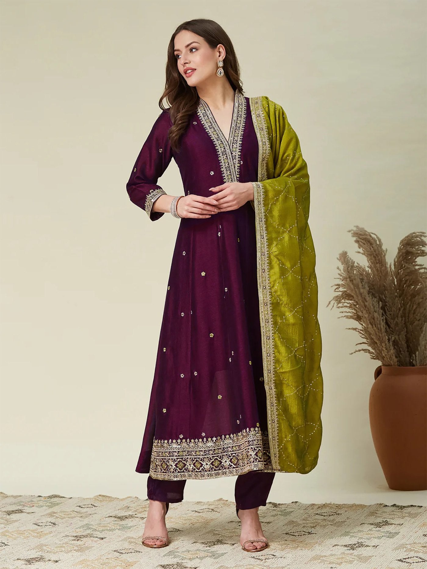 Designer V-Neck Embroidered Kurta Set with Lime Green Silk Dupatta