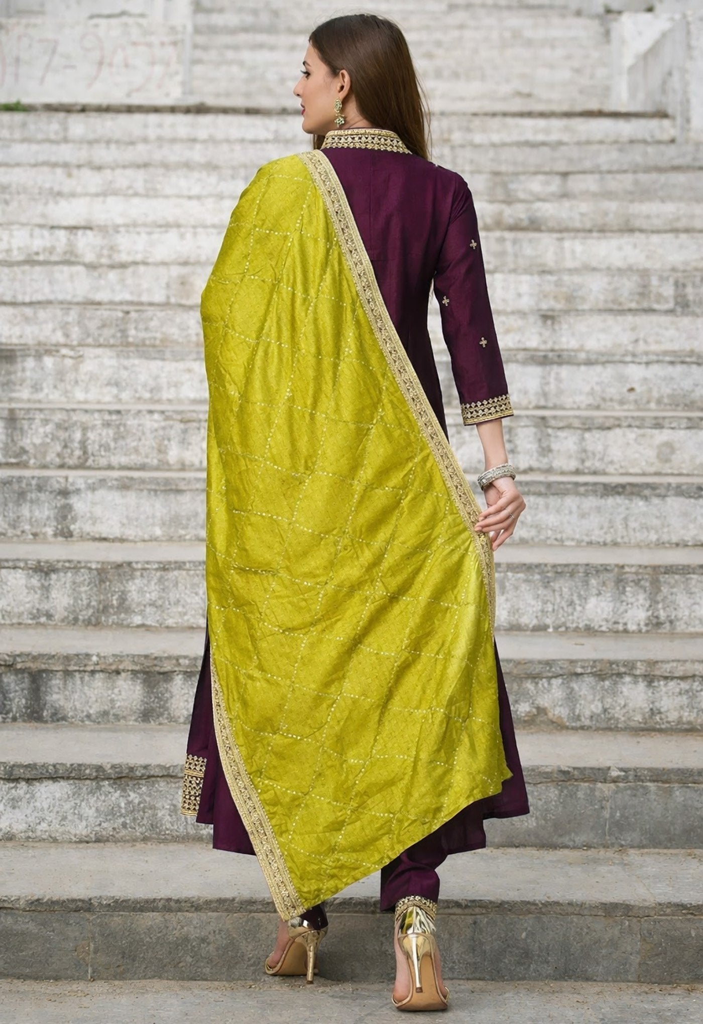 Designer V-Neck Embroidered Kurta Set with Lime Green Silk Dupatta