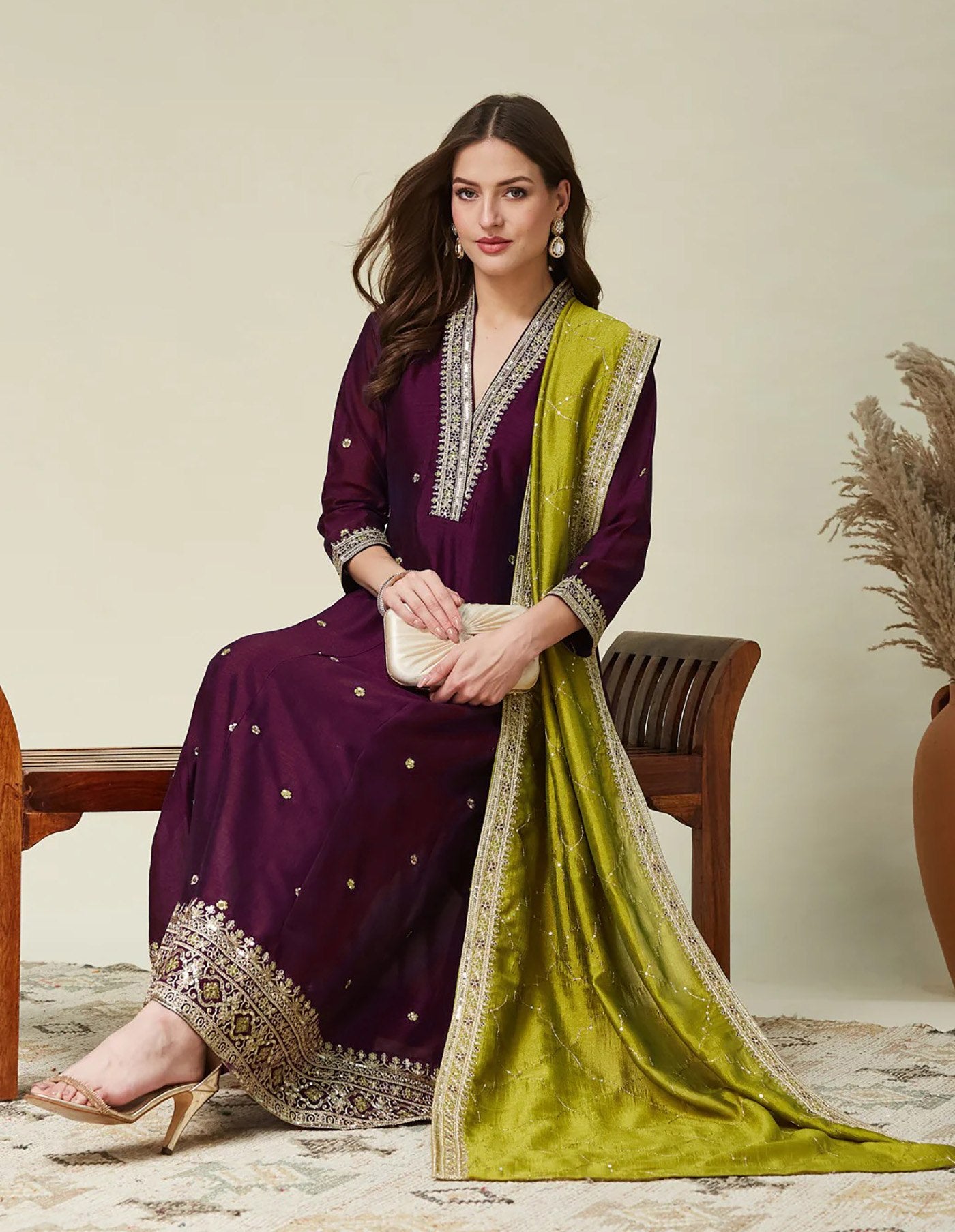 Designer V-Neck Embroidered Kurta Set with Lime Green Silk Dupatta
