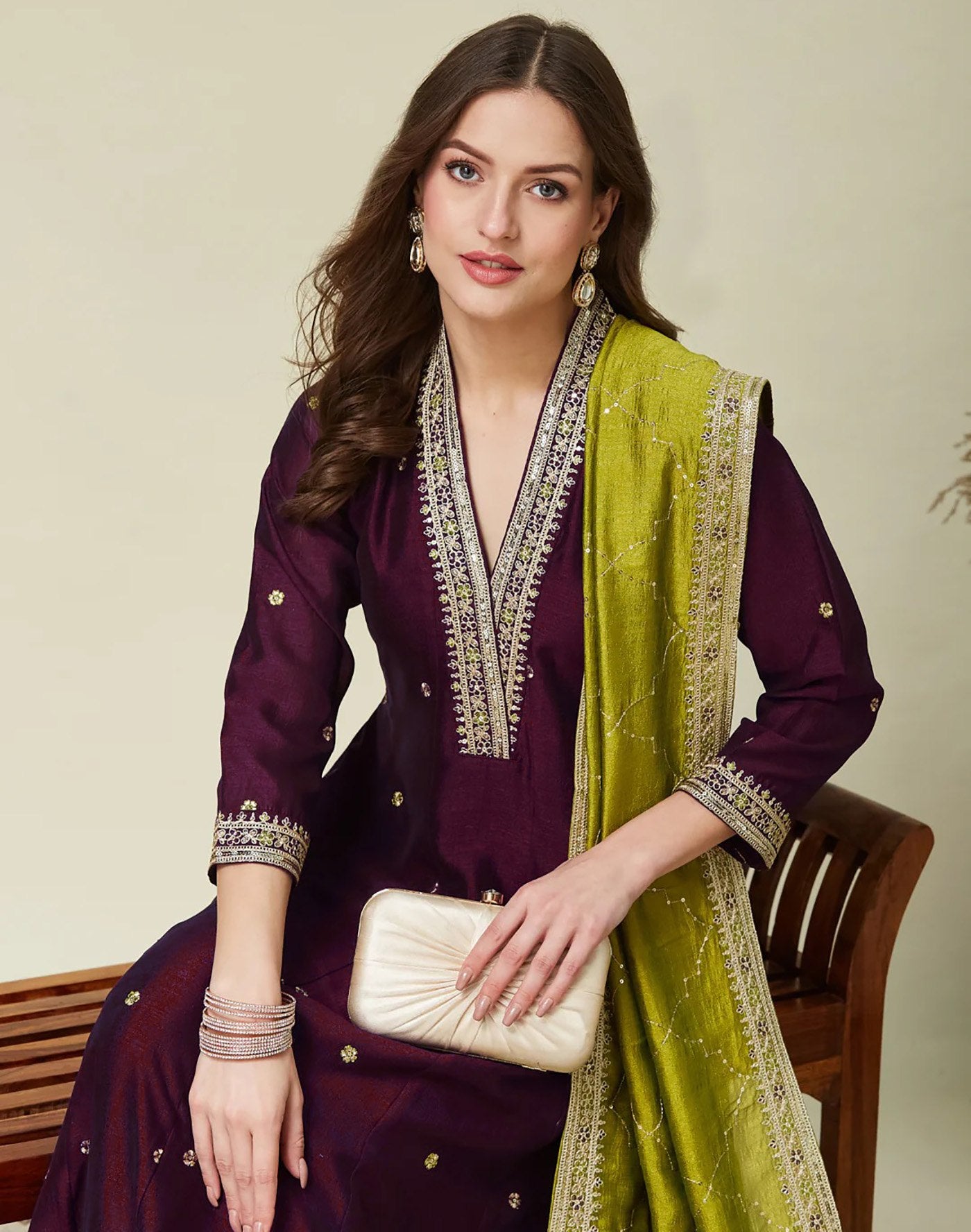 Designer V-Neck Embroidered Kurta Set with Lime Green Silk Dupatta