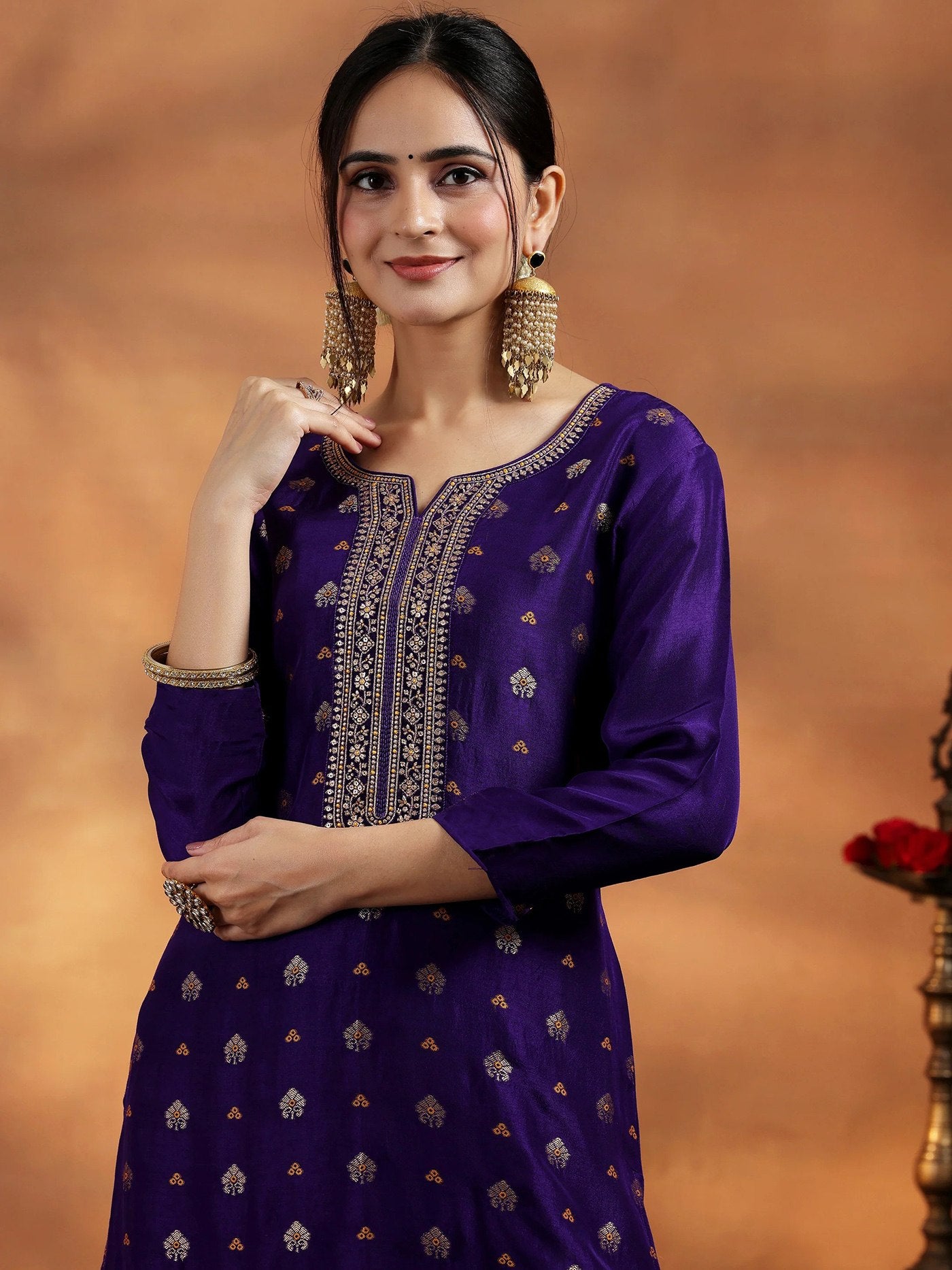 Regal Champagne Pink & Plum Vichitra Silk Ensemble