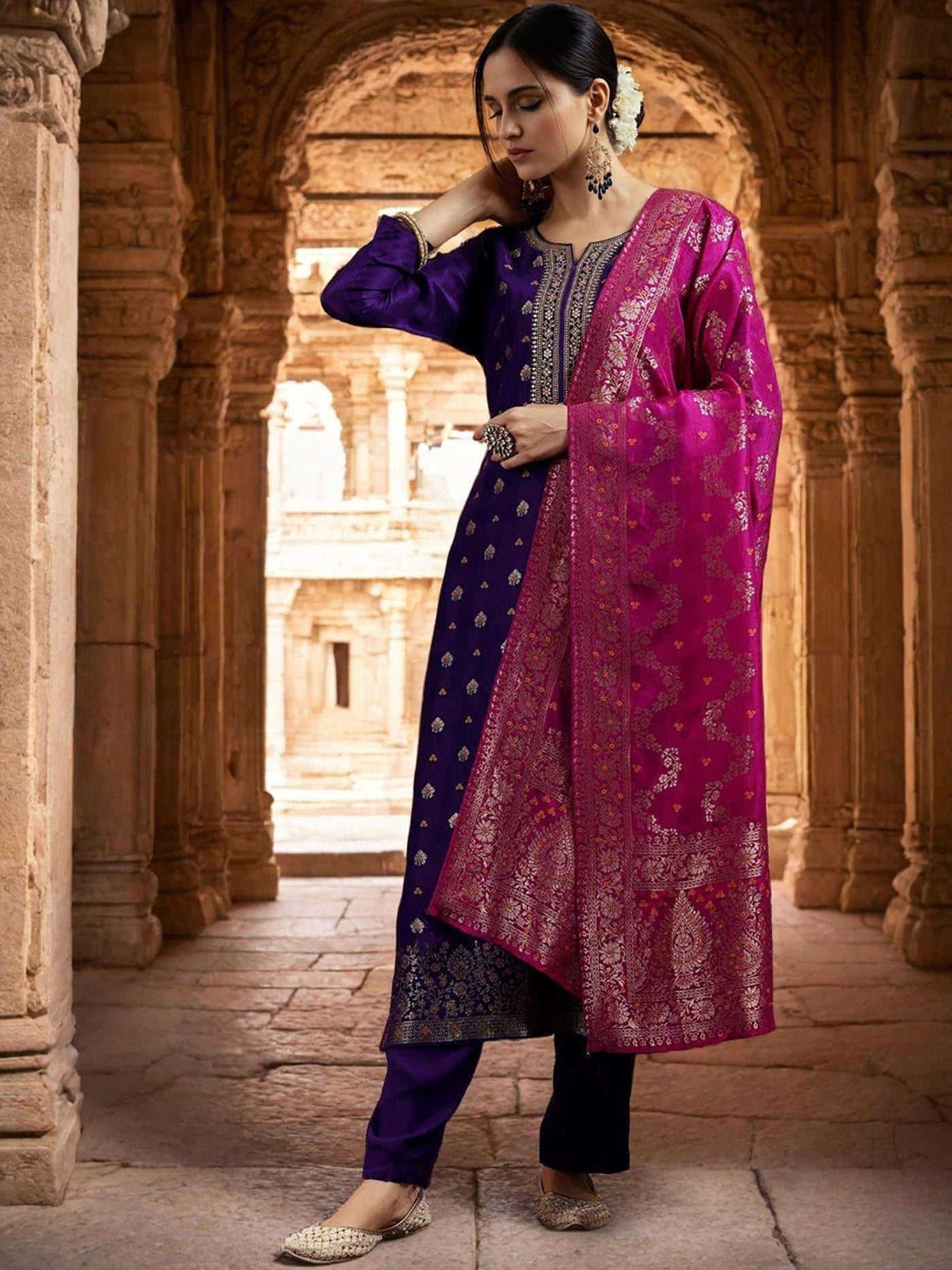 Regal Champagne Pink & Plum Vichitra Silk Ensemble