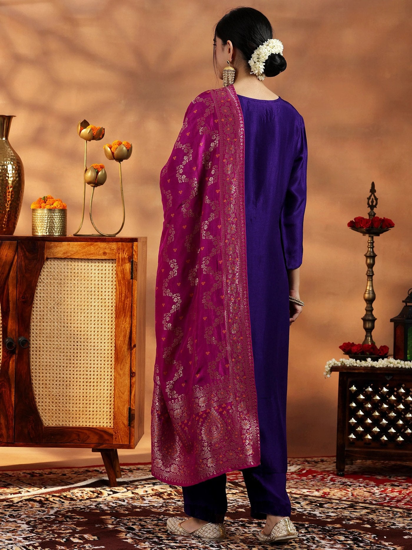 Regal Champagne Pink & Plum Vichitra Silk Ensemble