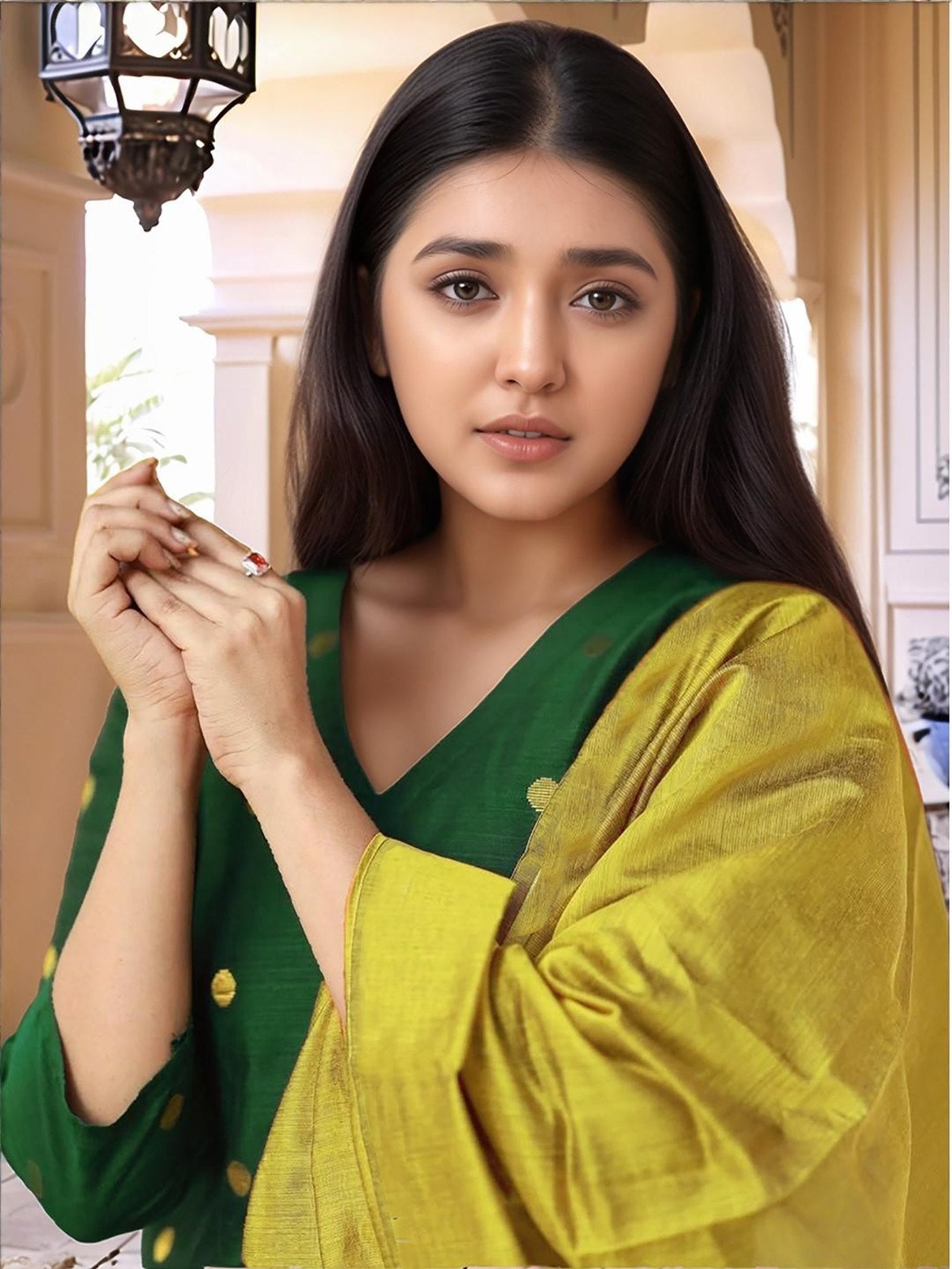Forest Green Art Silk Butti Kurta Set with Mustard Silk Dupatta